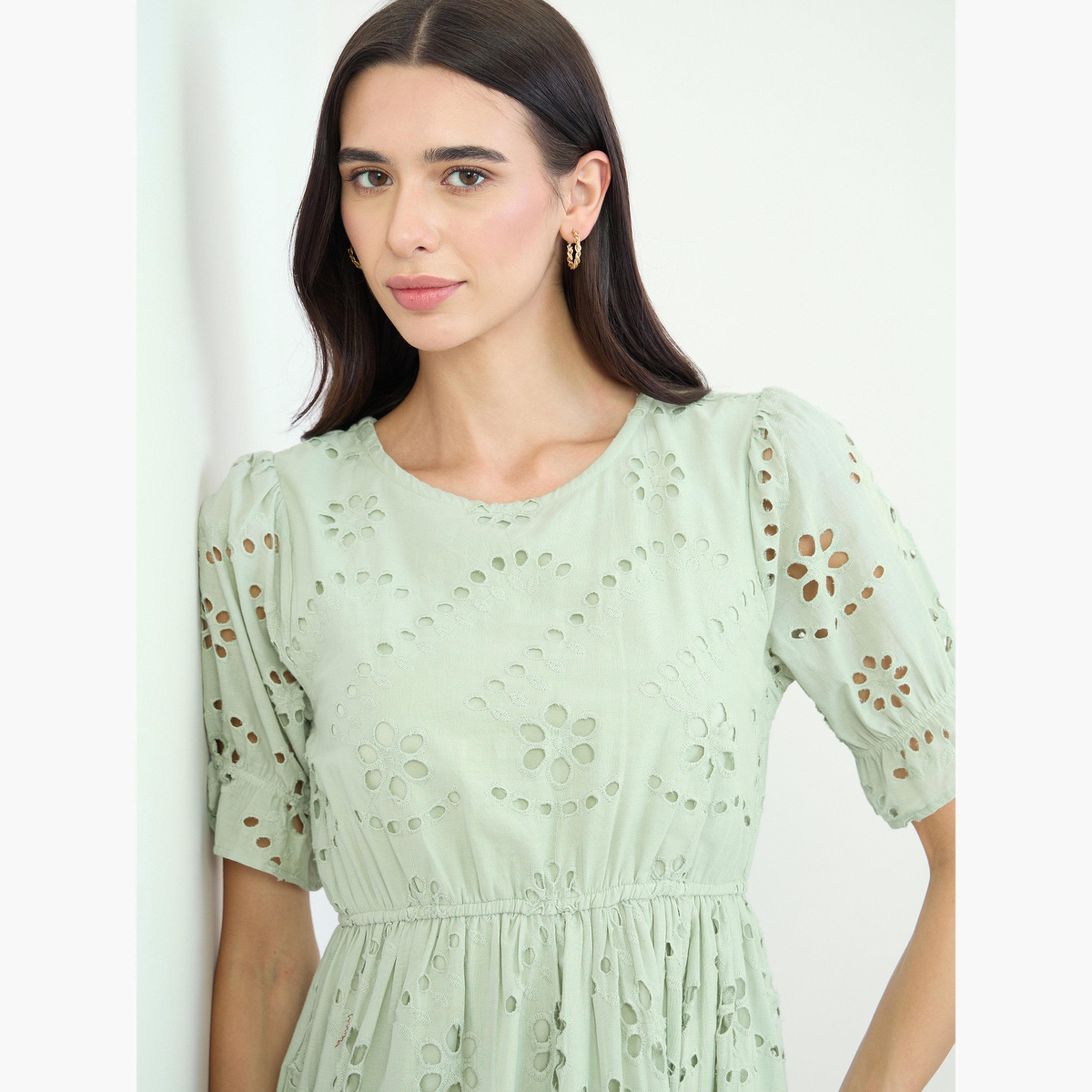 Styli Green Schiffli Puff Sleeve A-Line Midi Dress-women-clothing-dresses-image-5