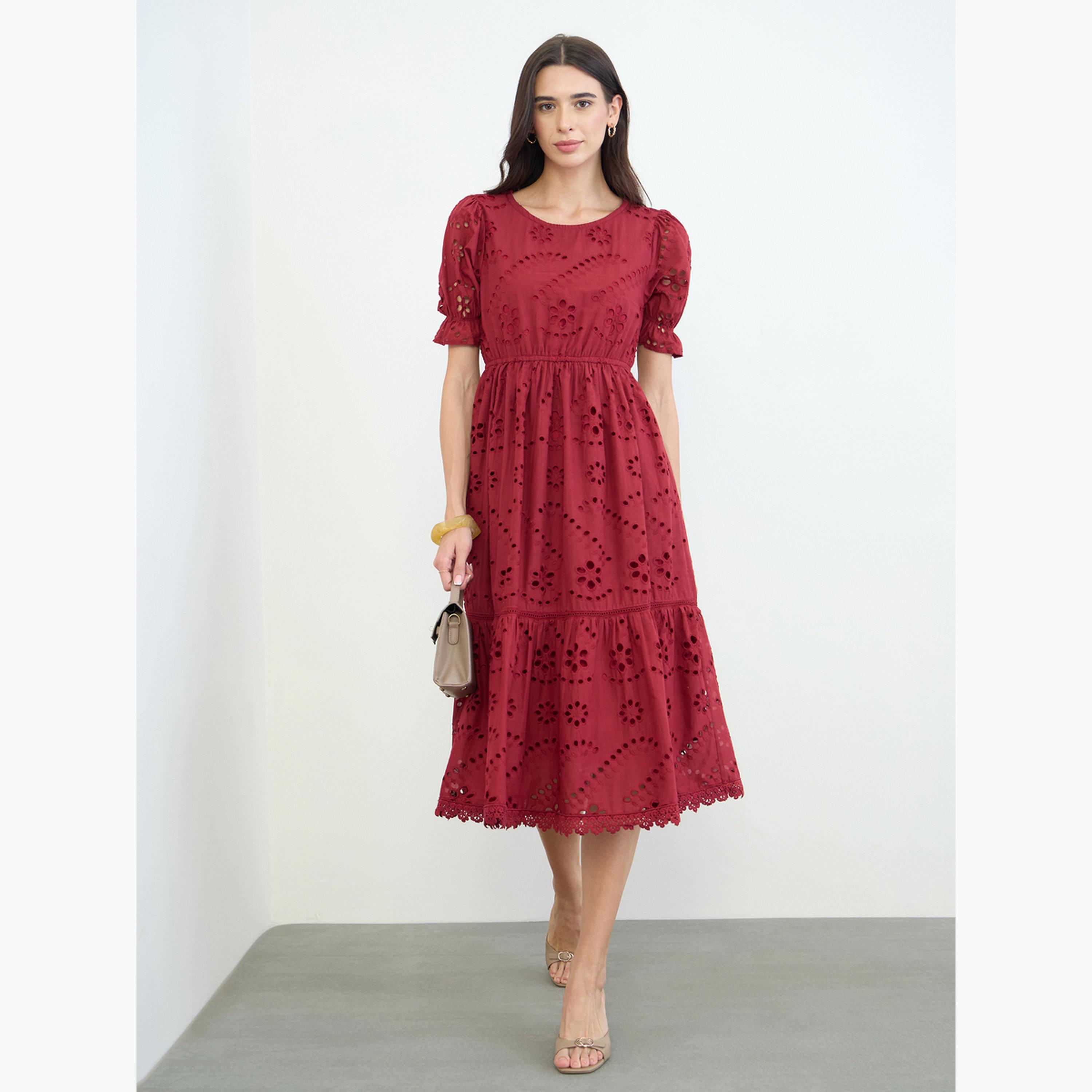 Styli Red Schiffli Puff Sleeve A-Line Midi Dress-women-clothing-dresses-image-1