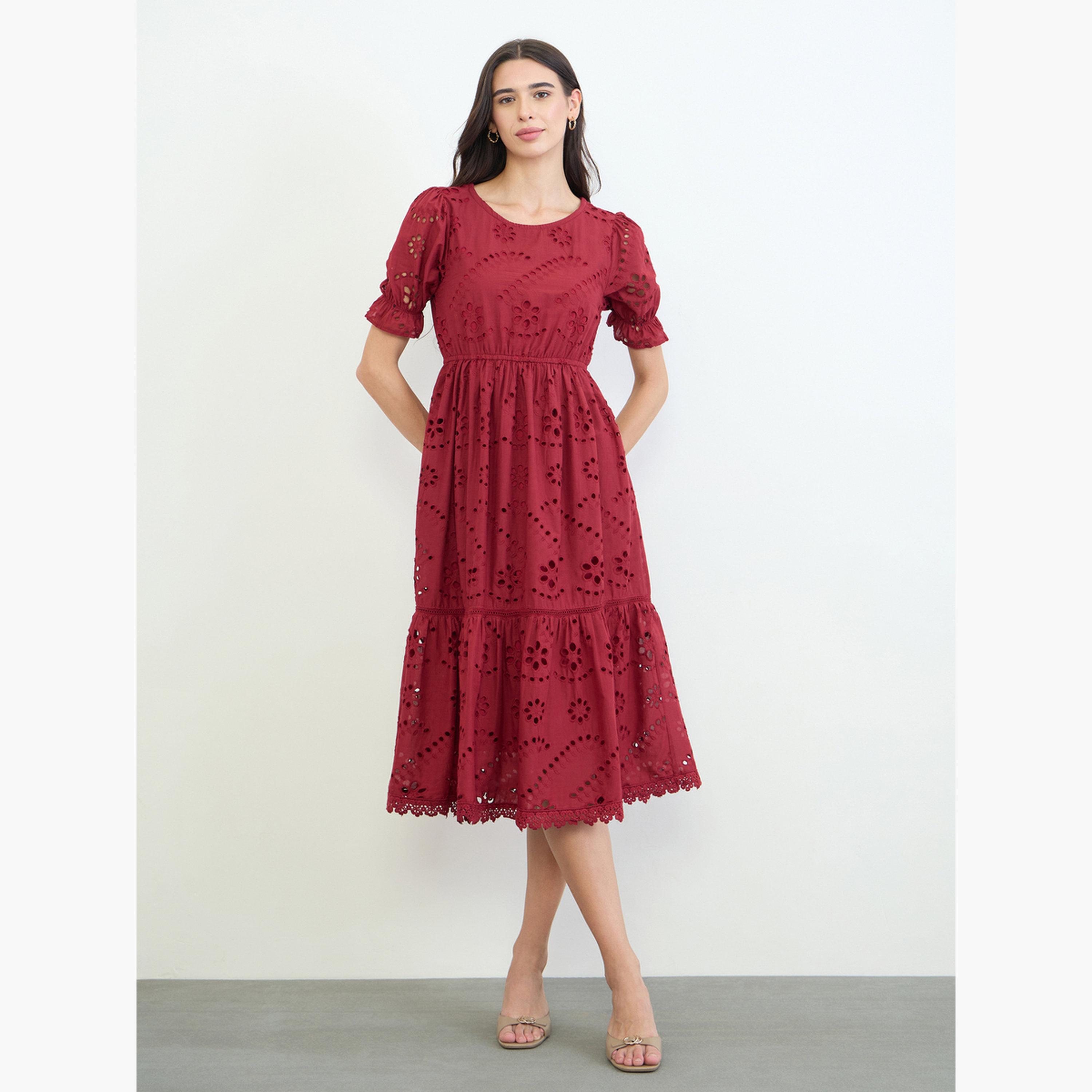 Styli Red Schiffli Puff Sleeve A-Line Midi Dress-women-clothing-dresses-image-2