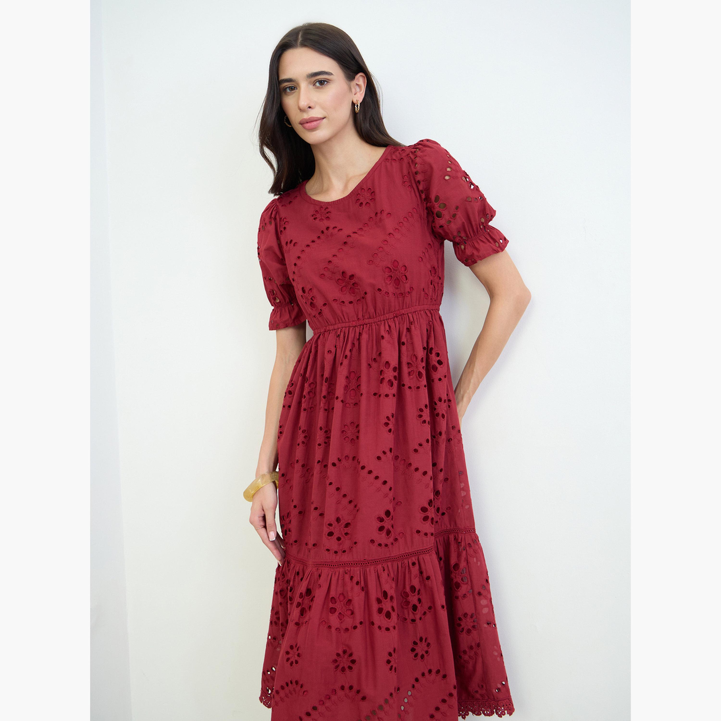 Styli Red Schiffli Puff Sleeve A-Line Midi Dress-women-clothing-dresses-image-3