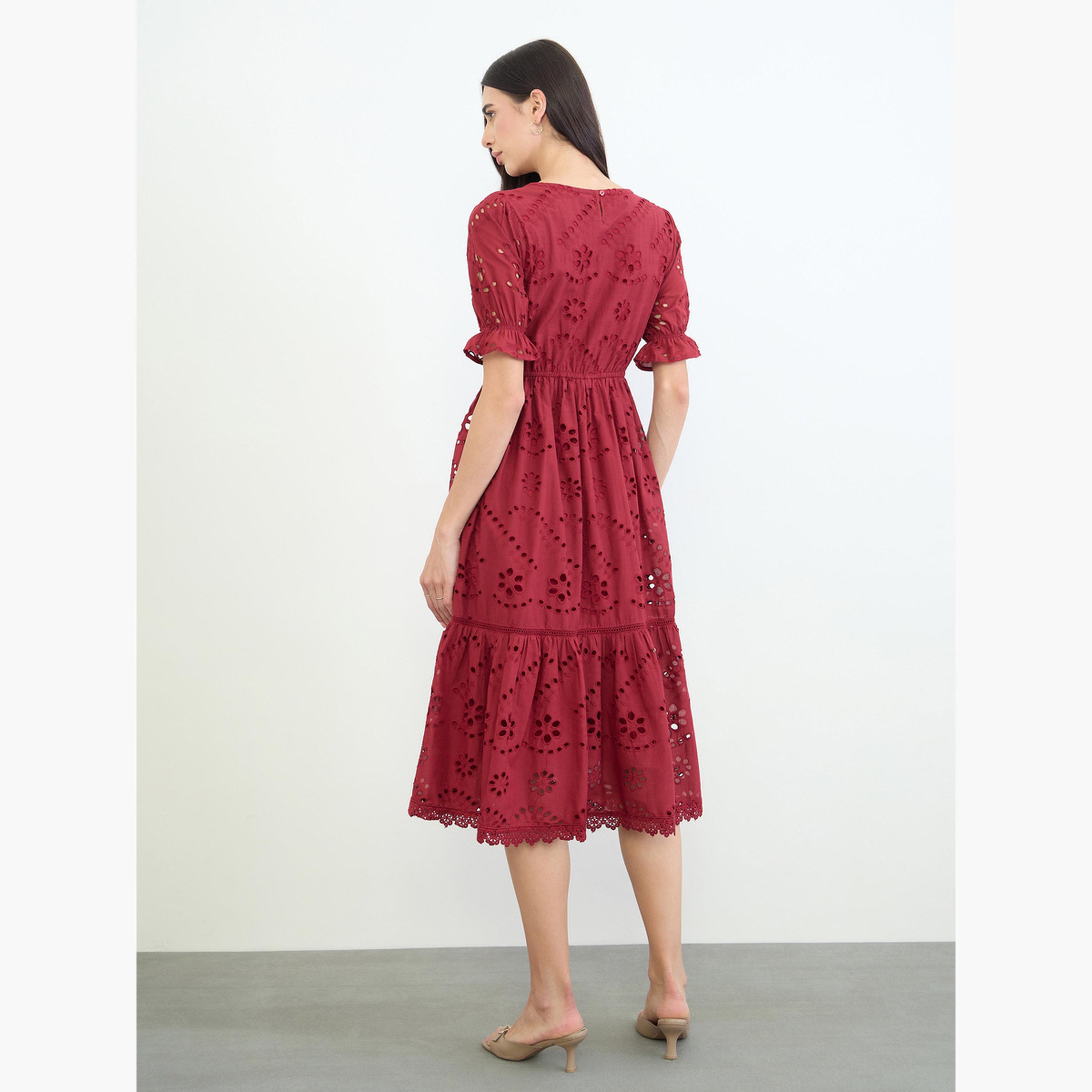 Styli Red Schiffli Puff Sleeve A-Line Midi Dress-women-clothing-dresses-image-4