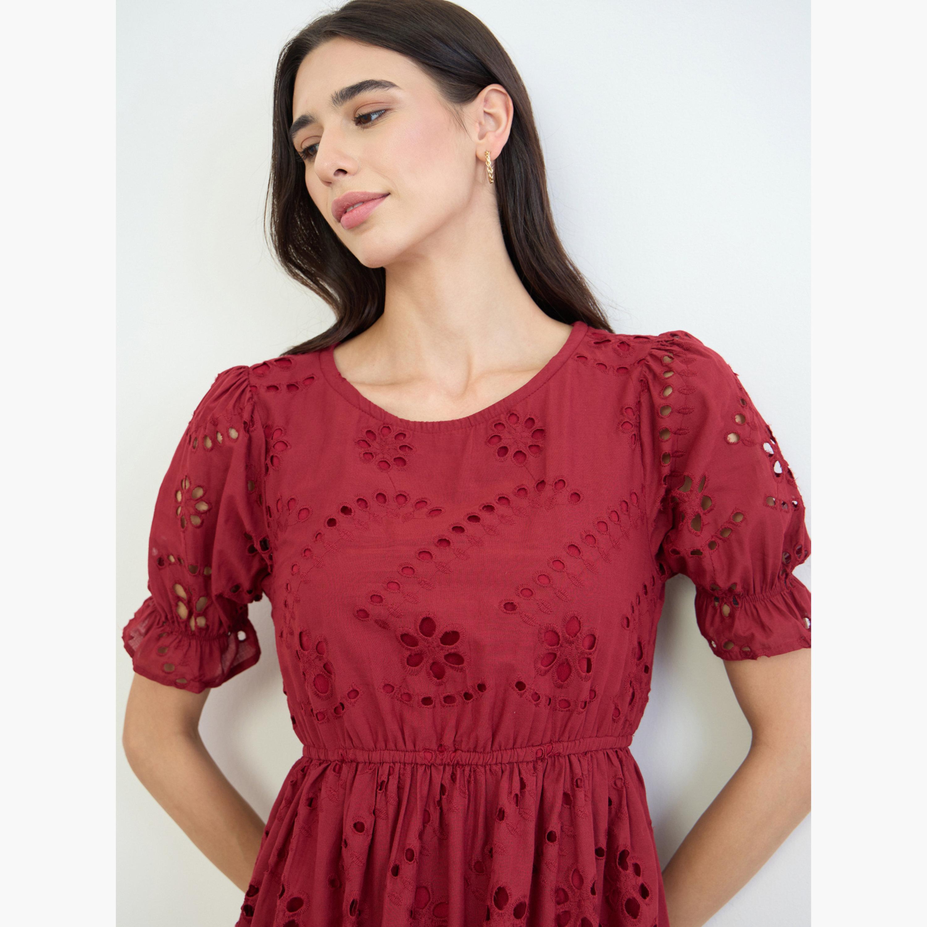 Styli Red Schiffli Puff Sleeve A-Line Midi Dress-women-clothing-dresses-image-5