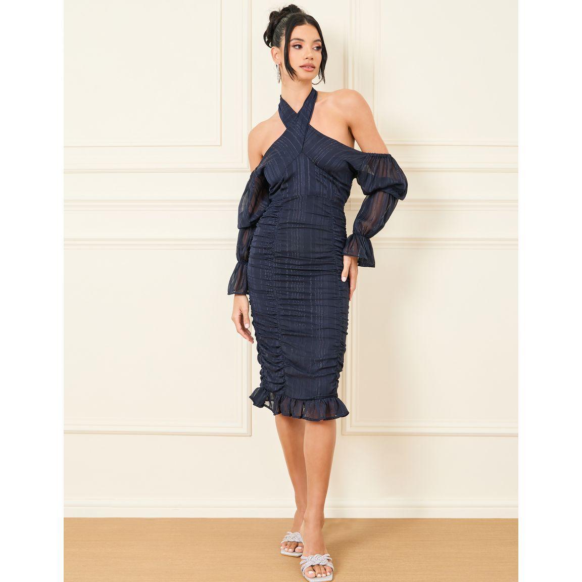 Styli Ruched Detail Tie Up Neck Bodycon Midi Dress-women-clothing-dresses-image-1