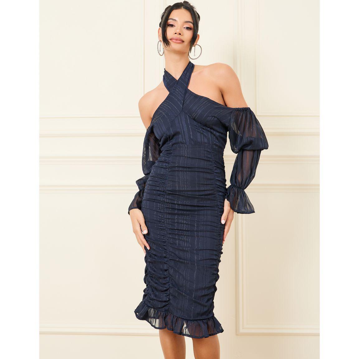 Styli Ruched Detail Tie Up Neck Bodycon Midi Dress-women-clothing-dresses-image-2