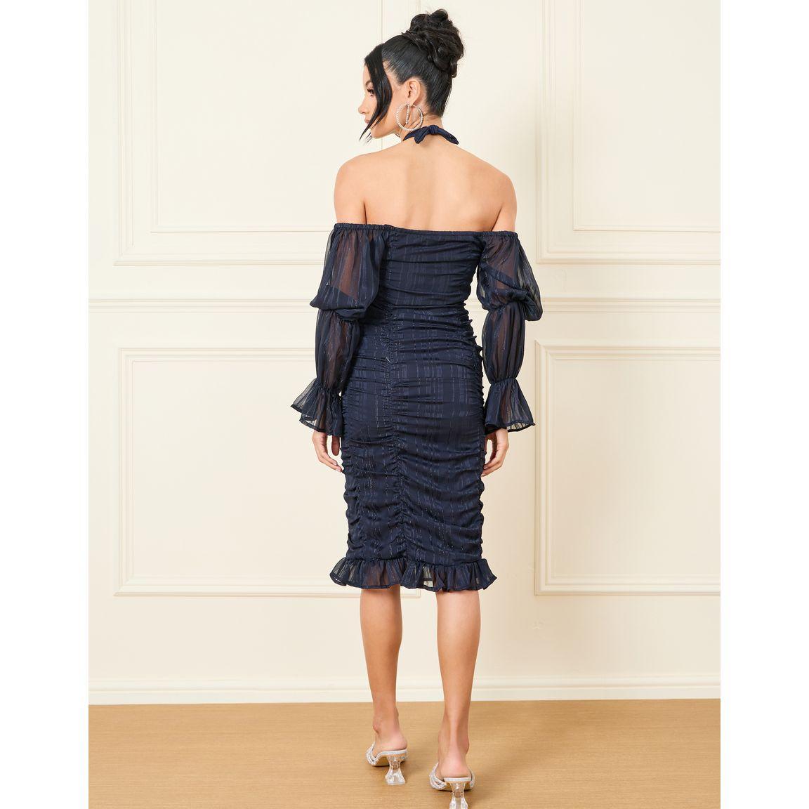 Styli Ruched Detail Tie Up Neck Bodycon Midi Dress-women-clothing-dresses-image-4