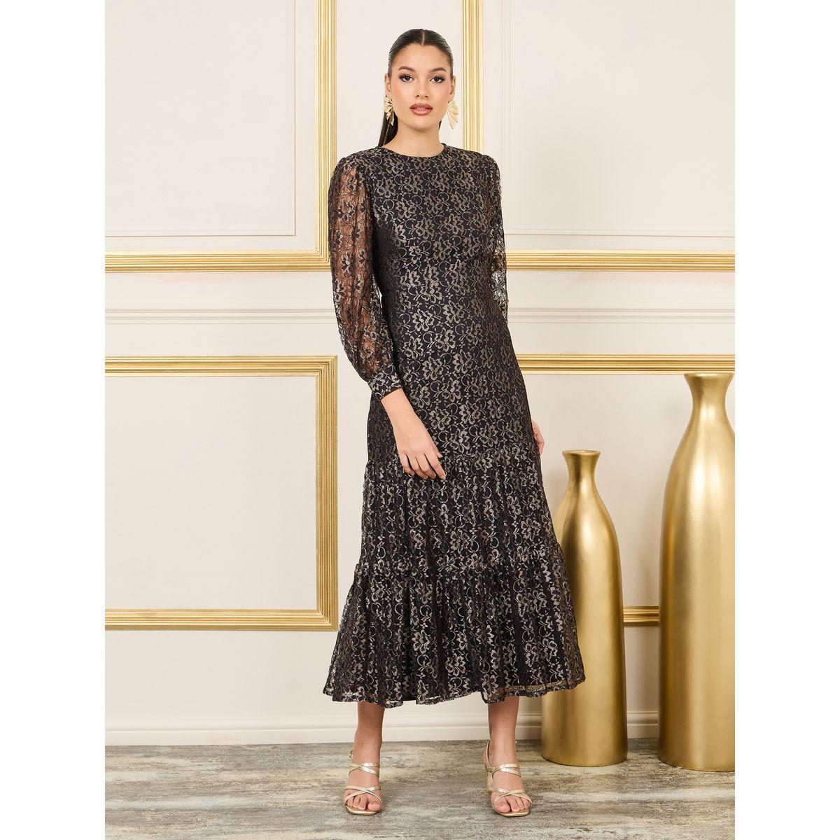 Styli Foil Print Mesh Insert Tiered Midi Dress-women-clothing-dresses-image-1