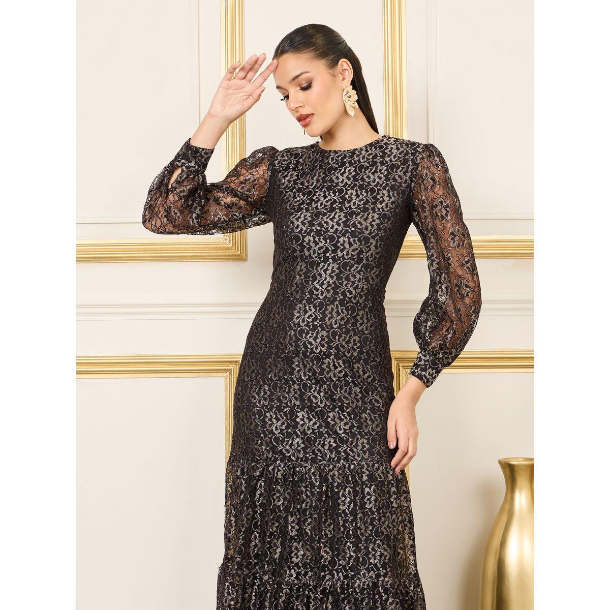 Styli Foil Print Mesh Insert Tiered Midi Dress-women-clothing-dresses-image-2