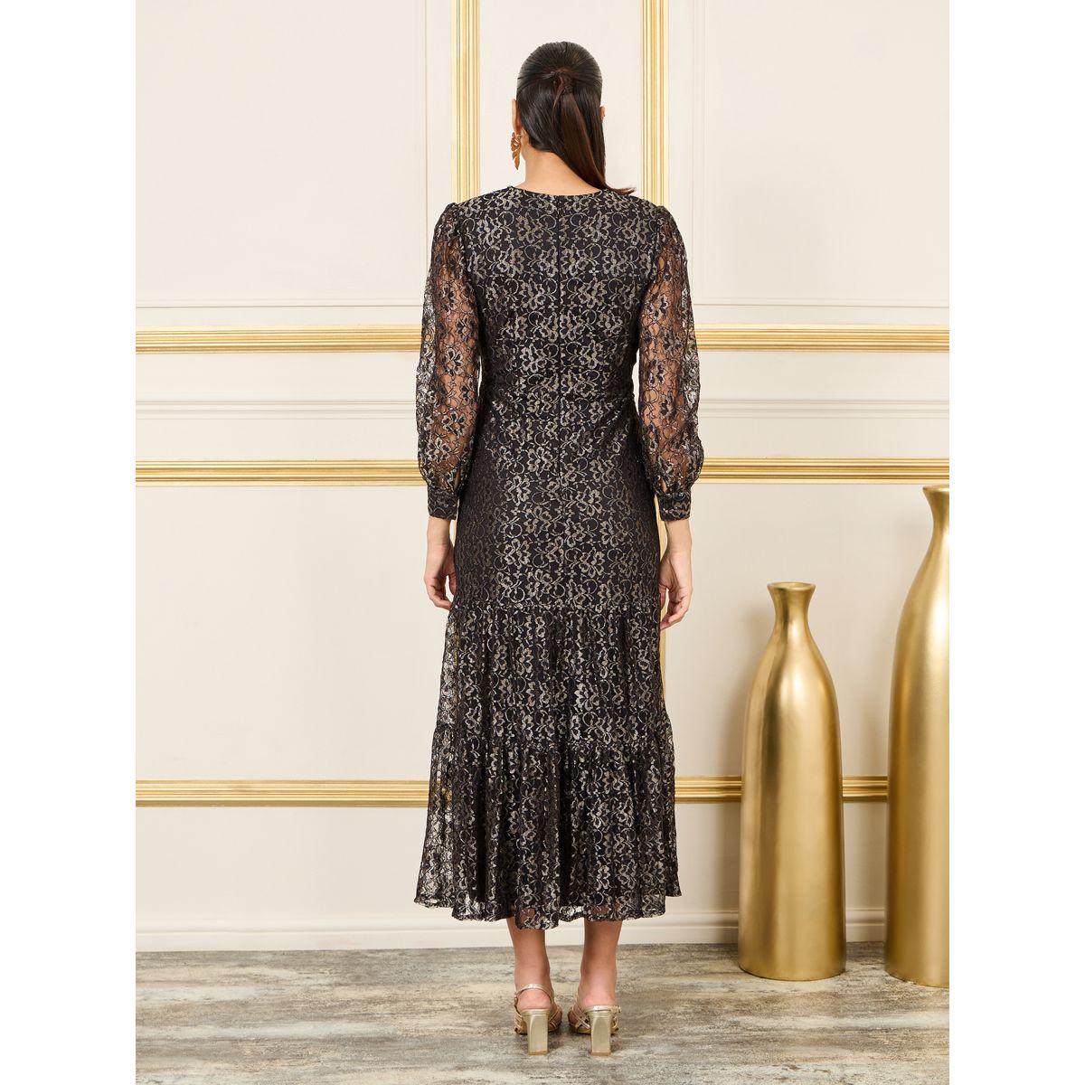 Styli Foil Print Mesh Insert Tiered Midi Dress-women-clothing-dresses-image-4