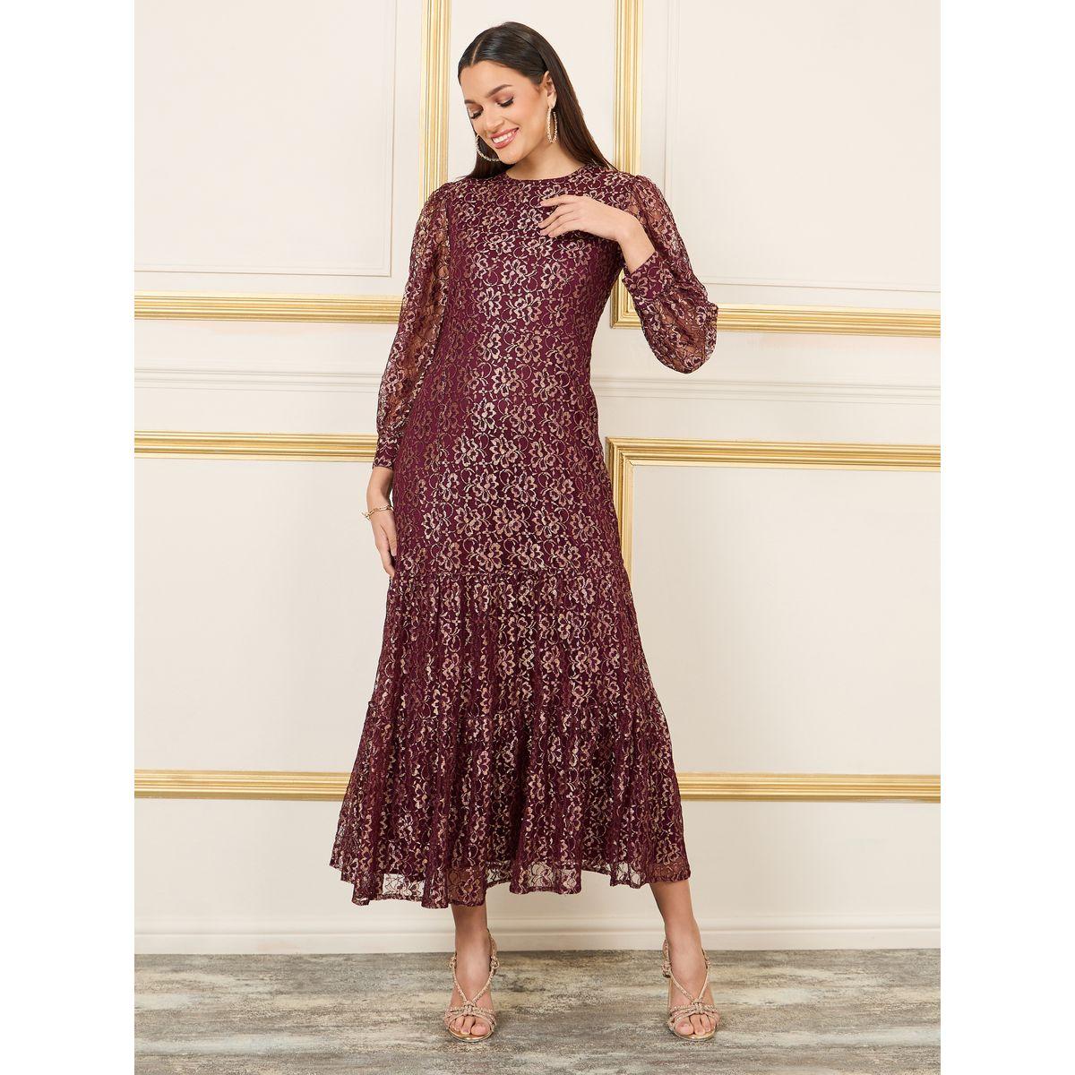 Styli Foil Print Mesh Insert Tiered Midi Dress-women-clothing-dresses-image-1
