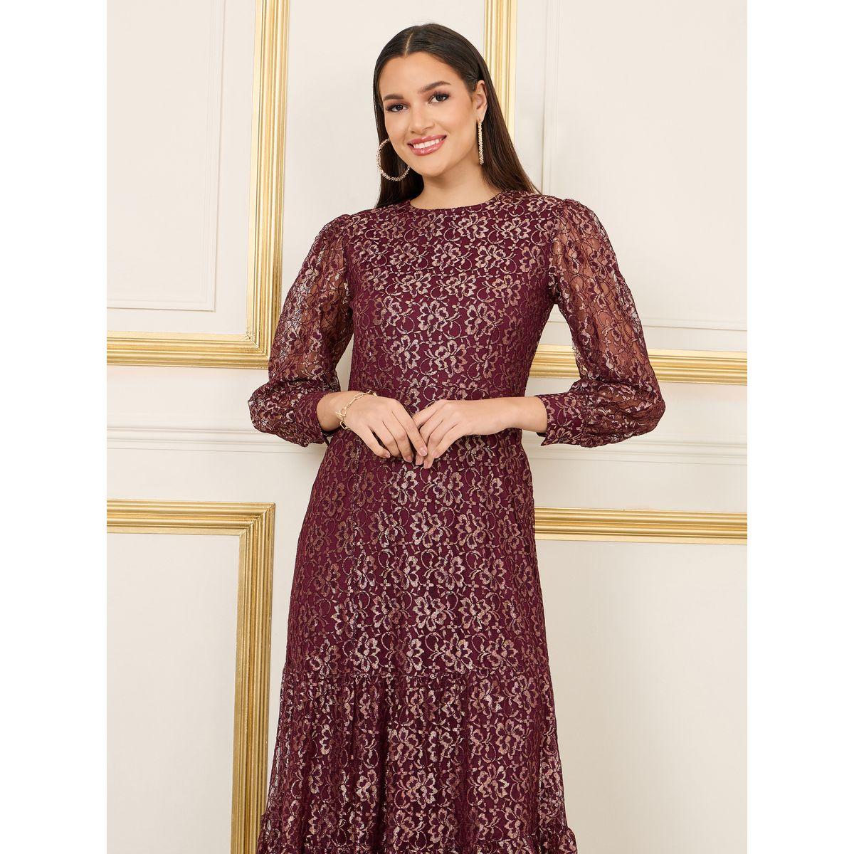 Styli Foil Print Mesh Insert Tiered Midi Dress-women-clothing-dresses-image-2