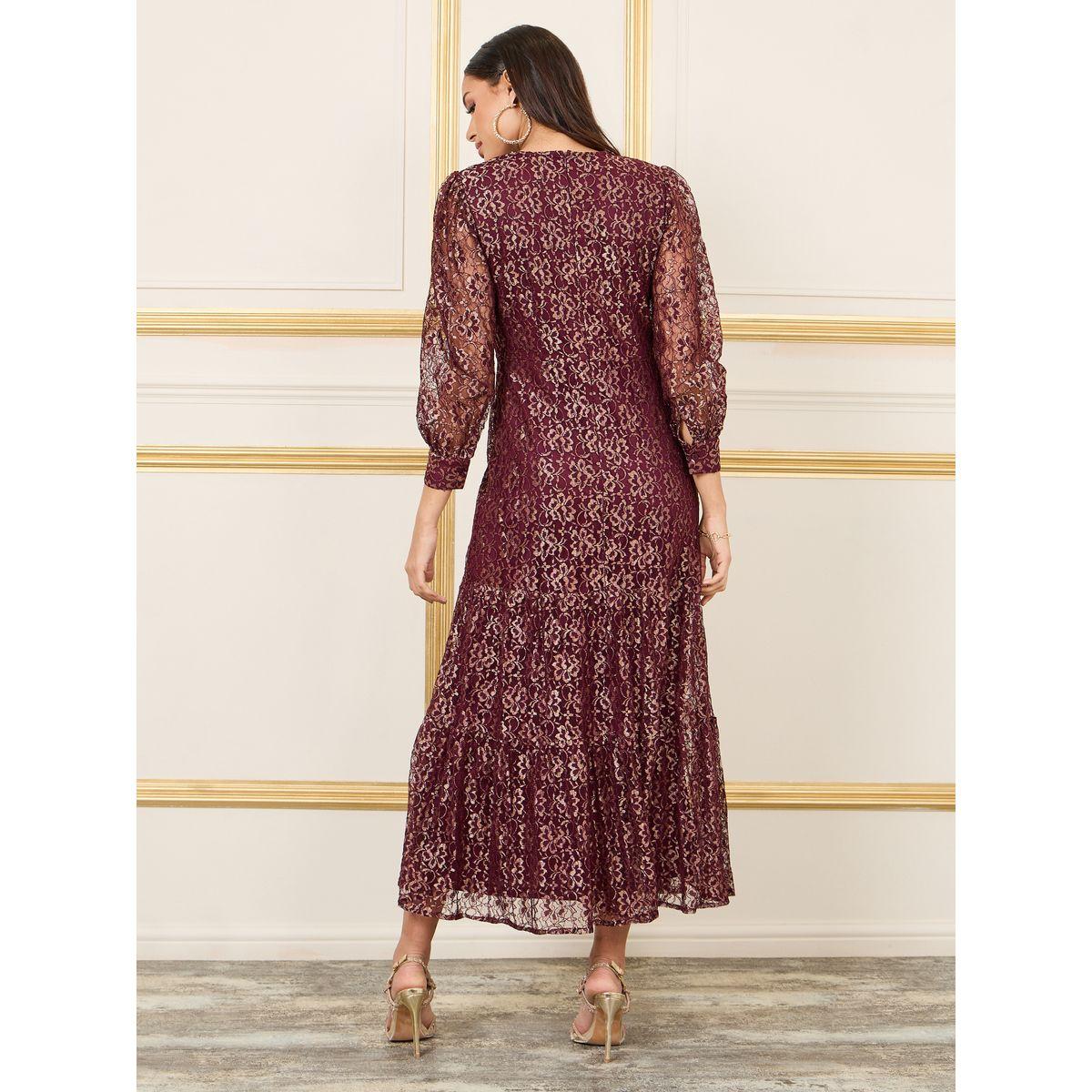 Styli Foil Print Mesh Insert Tiered Midi Dress-women-clothing-dresses-image-4