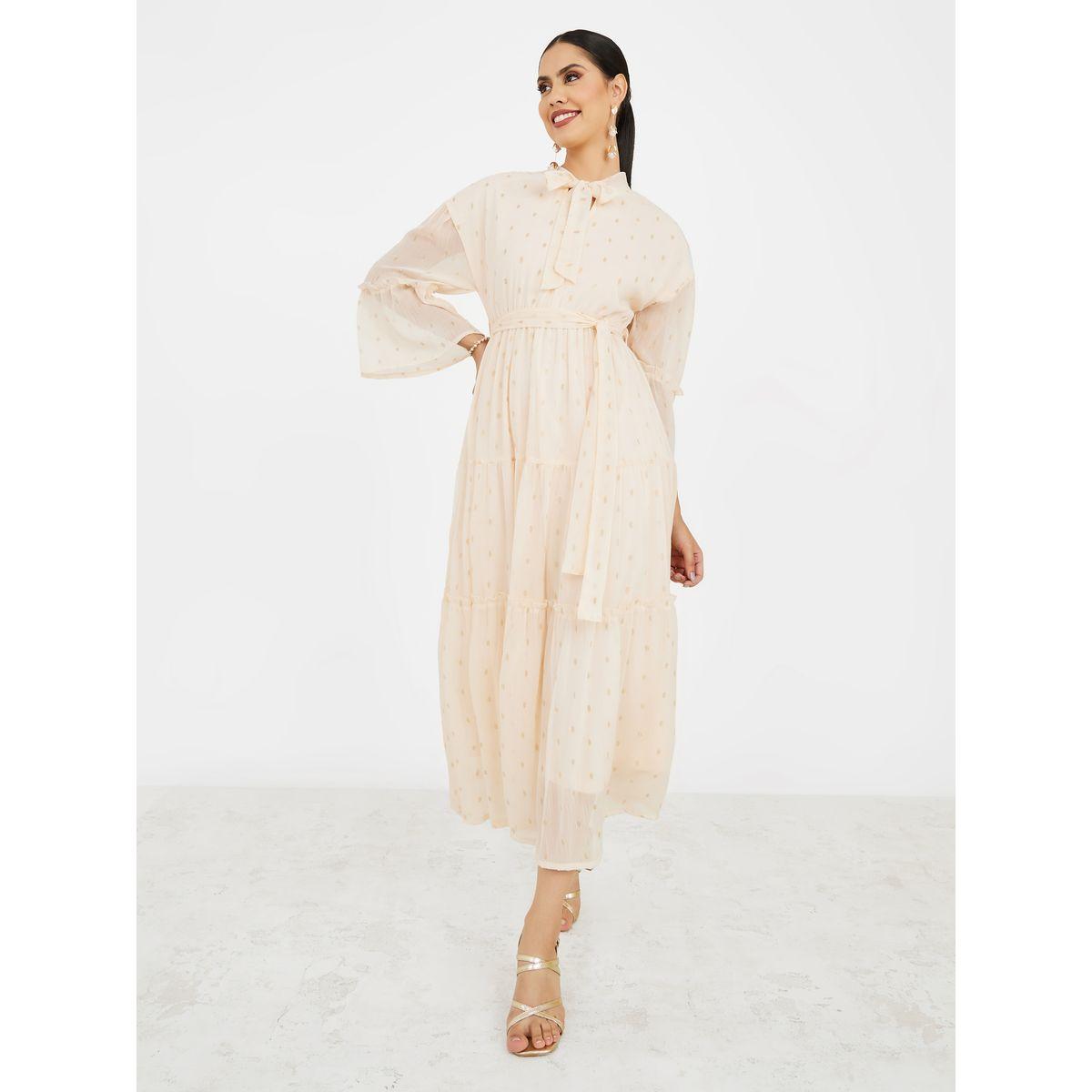 Styli Textured Tie Up Neck Tiered Midi Dress-women-clothing-dresses-image-1