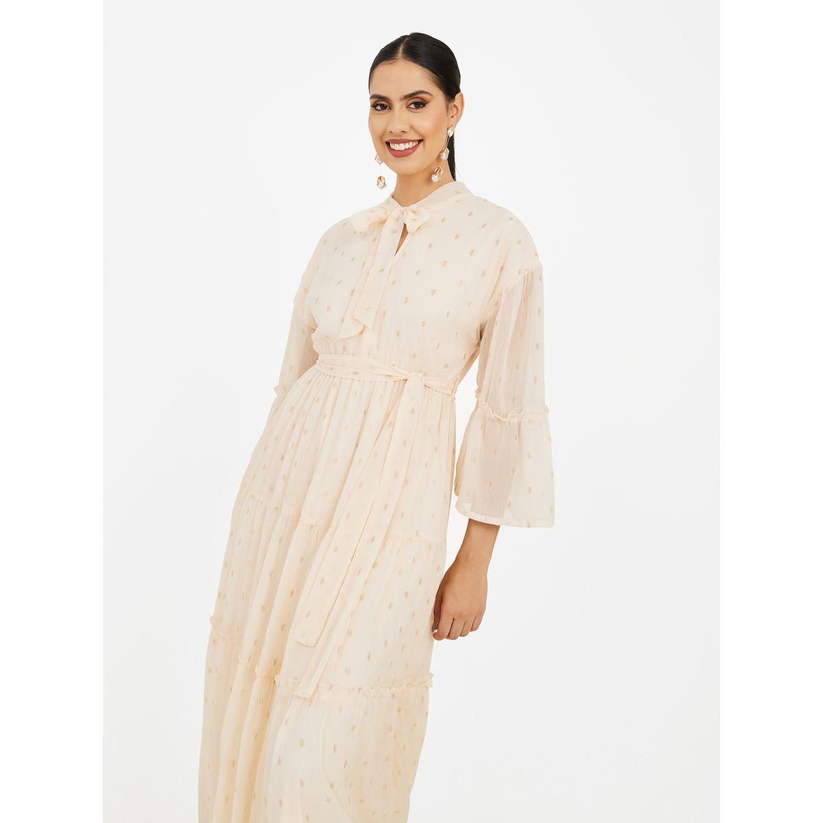 Styli Textured Tie Up Neck Tiered Midi Dress-women-clothing-dresses-image-2