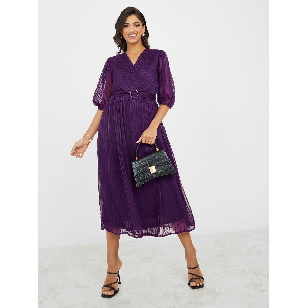 Styli Self Design A-Line Midi Dress with Belt-women-clothing-dresses-image-1