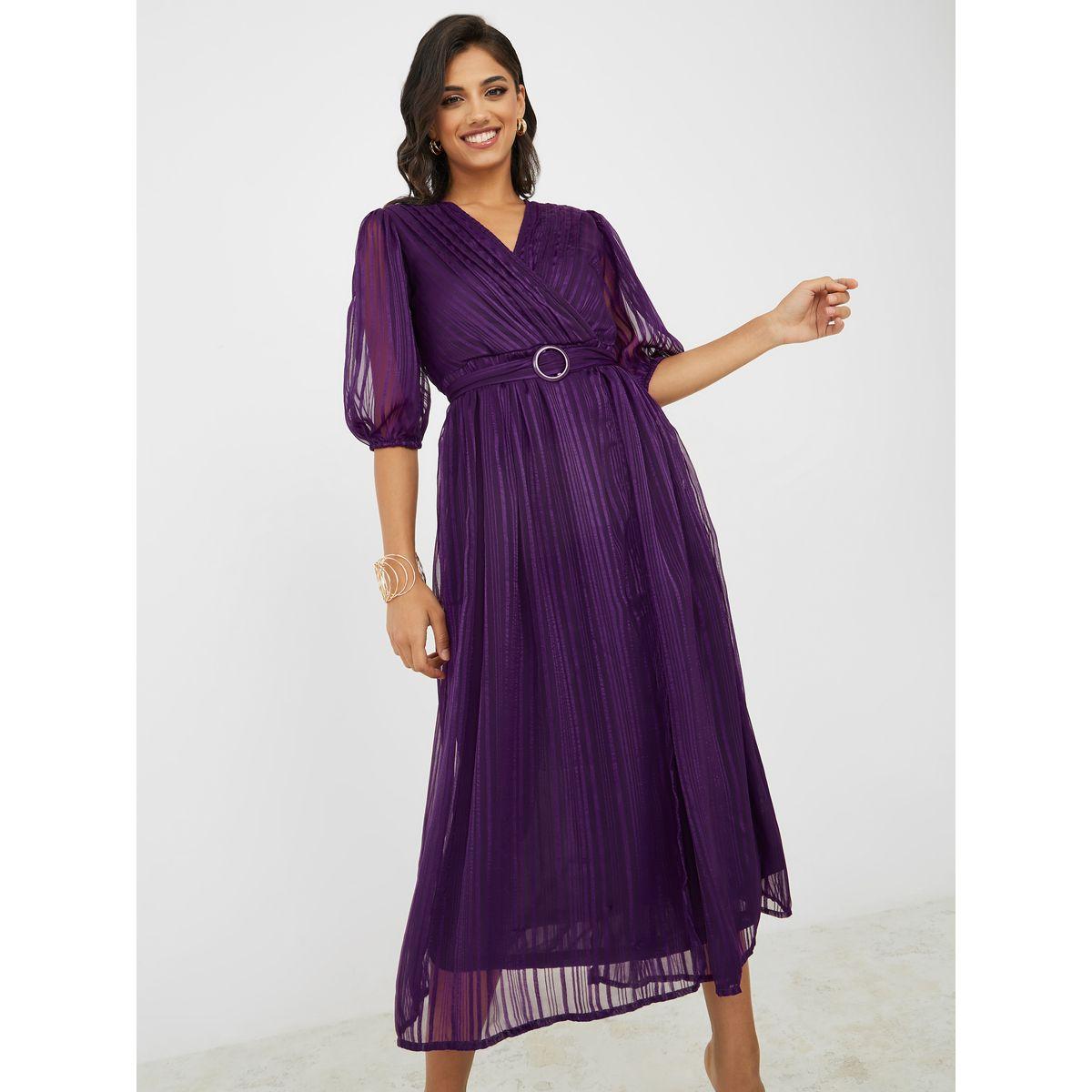 Styli Self Design A-Line Midi Dress with Belt-women-clothing-dresses-image-2