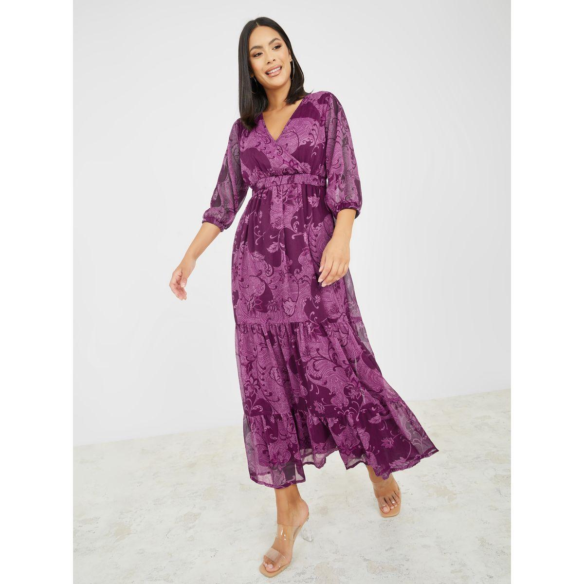 Styli Floral Print 3/4 Sleeve Tiered Maxi Dress-women-clothing-dresses-image-1