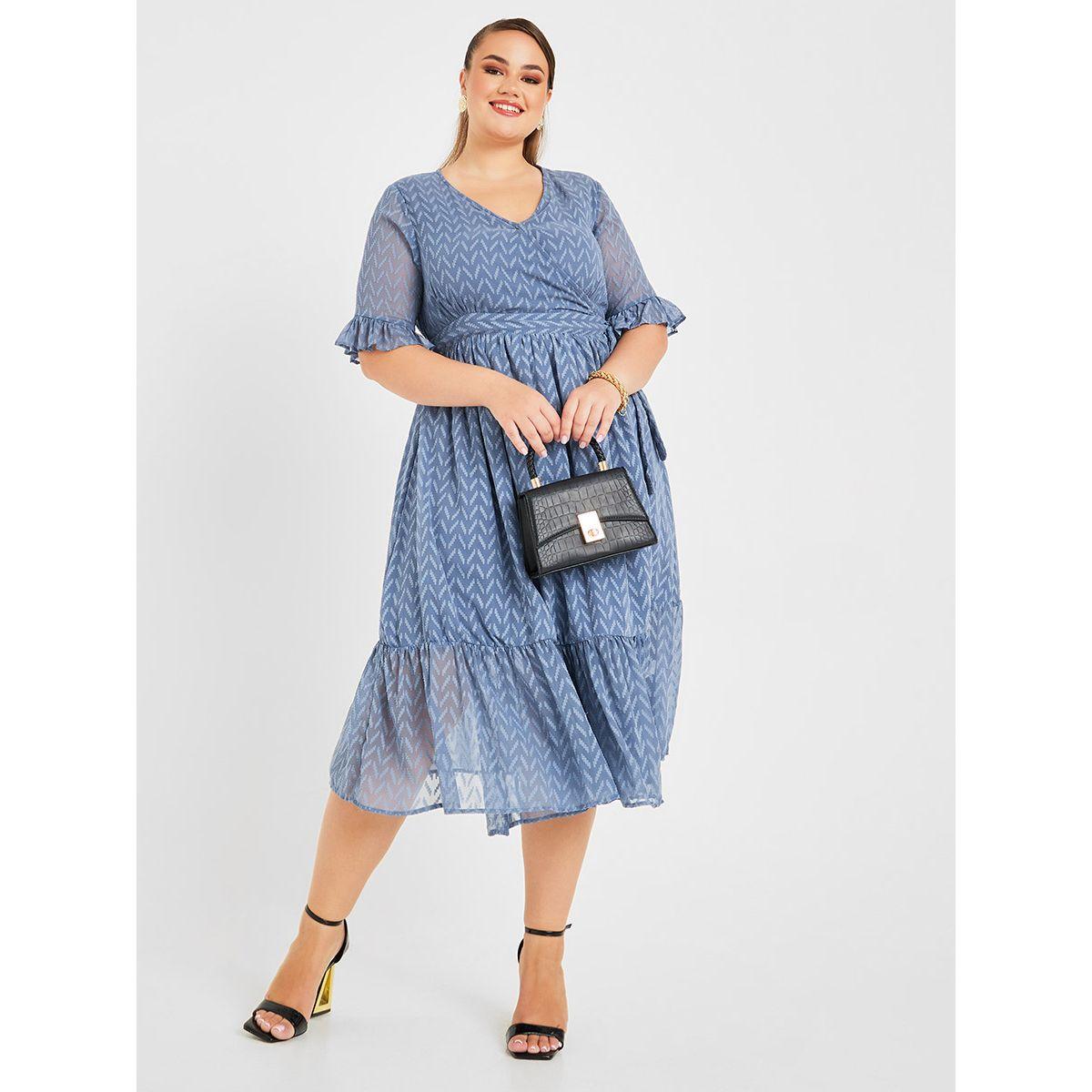 Styli Plus Zigzag Dobby Texture Wrap Midi Dress-women-clothing-dresses-image-2