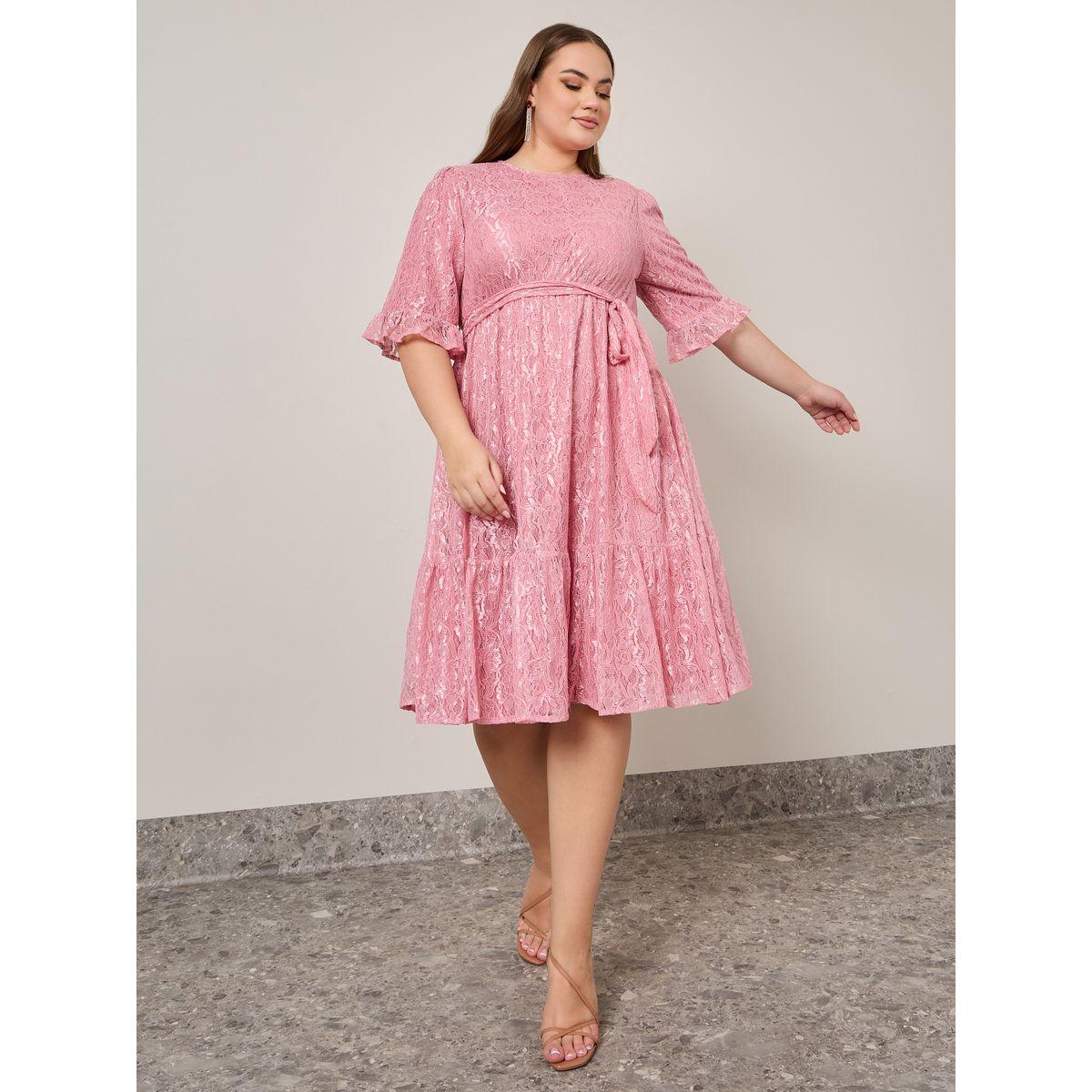 Styli Plus Lace Insert Midi Dress with Tie Belt-women-clothing-dresses-image-1