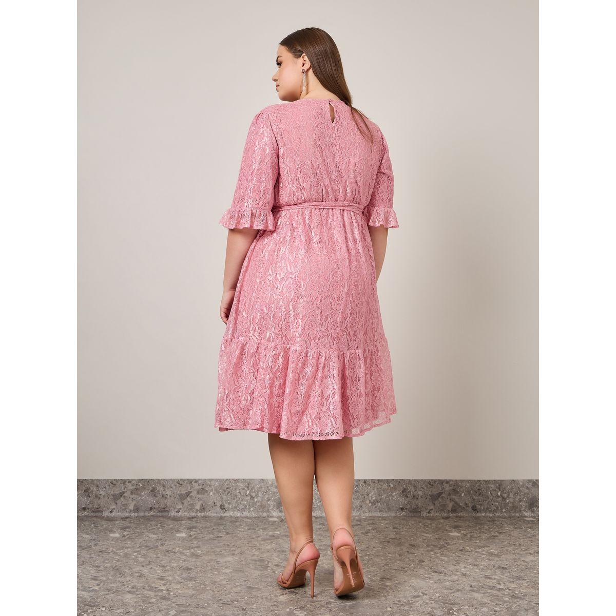 Styli Plus Lace Insert Midi Dress with Tie Belt-women-clothing-dresses-image-4