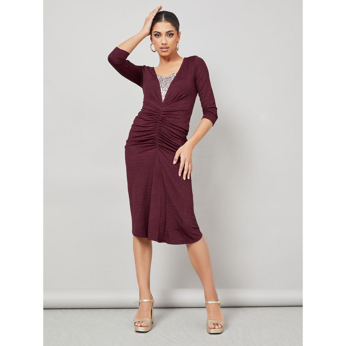 Styli 3/4 Sleeves Gathered Detail Midi Dress-women-clothing-dresses-image-1