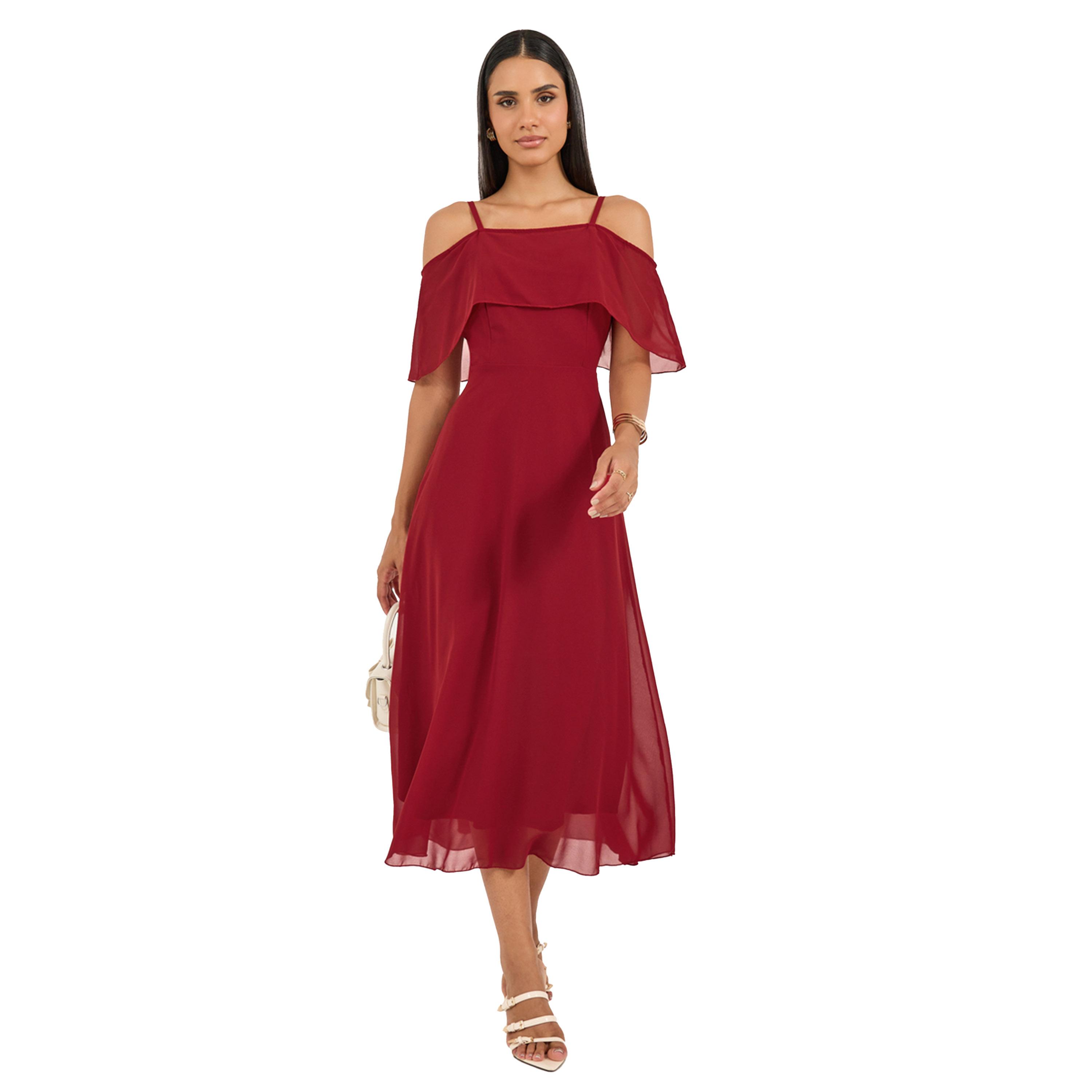 Styli Solid Cold Shoulder Sleeve A-Line Maxi Dress-women-clothing-dresses-image-2