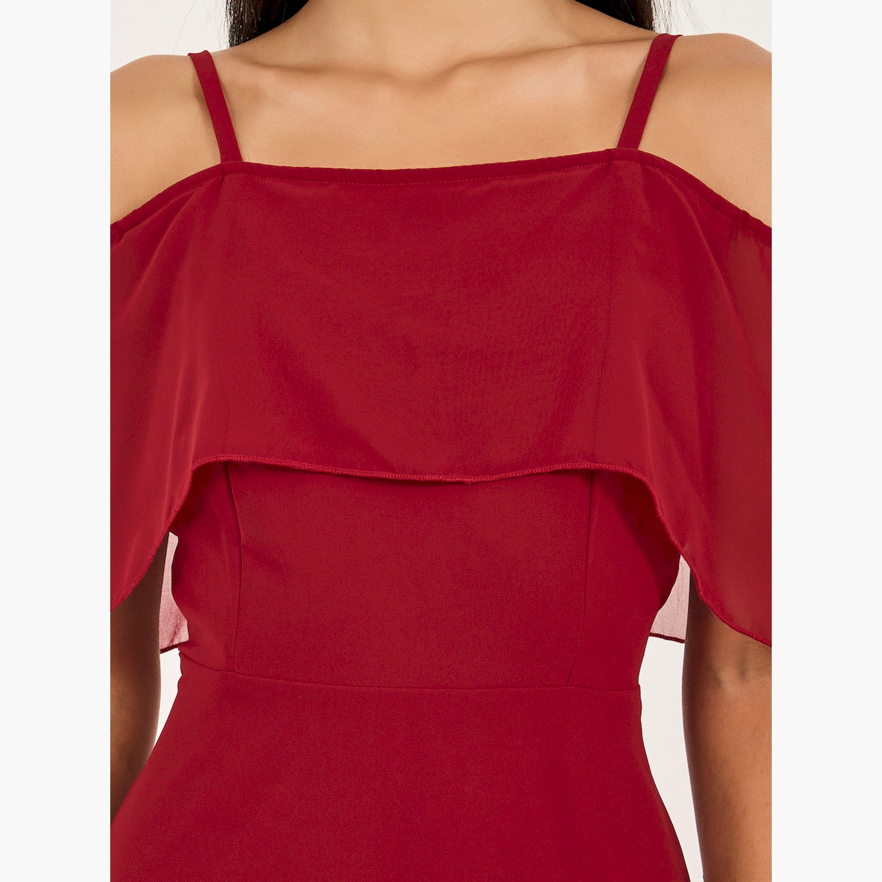 Styli Solid Cold Shoulder Sleeve A-Line Maxi Dress-women-clothing-dresses-image-4