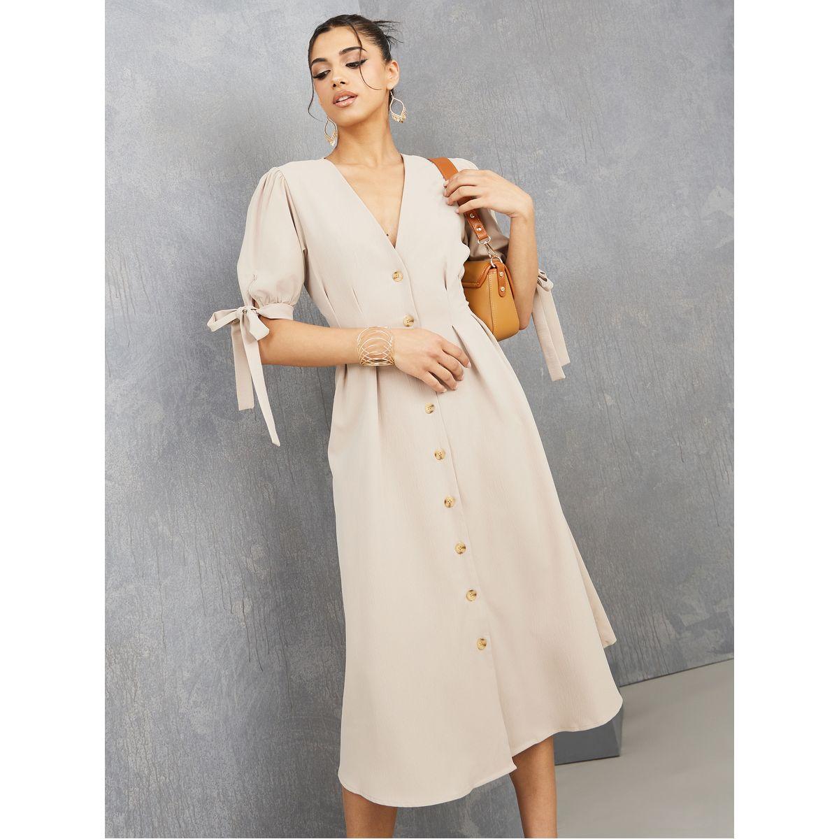 Styli Tie Cuff Sleeve Pleat Detail A-Line Midi Dress-women-clothing-dresses-image-1