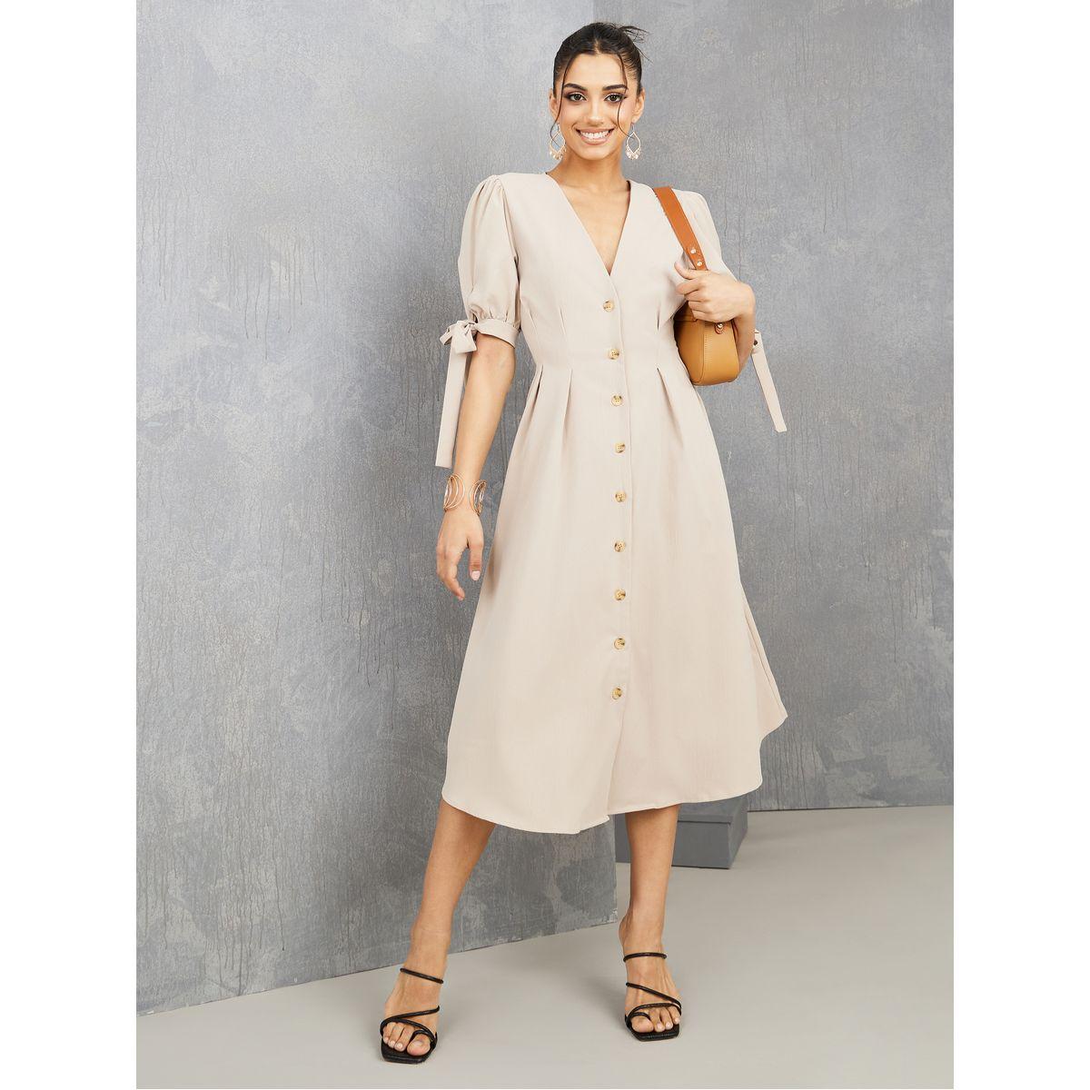 فستان ميدي بأربطة اكمام وأزرار-women-clothing-dresses-image-2