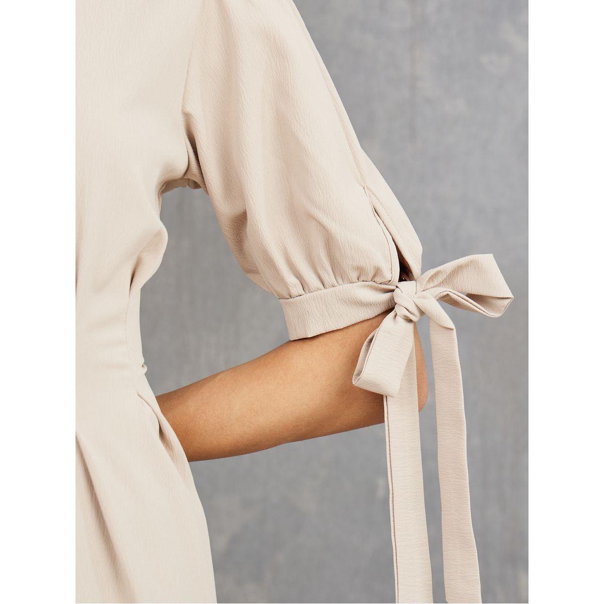 Styli Tie Cuff Sleeve Pleat Detail A-Line Midi Dress-women-clothing-dresses-image-3
