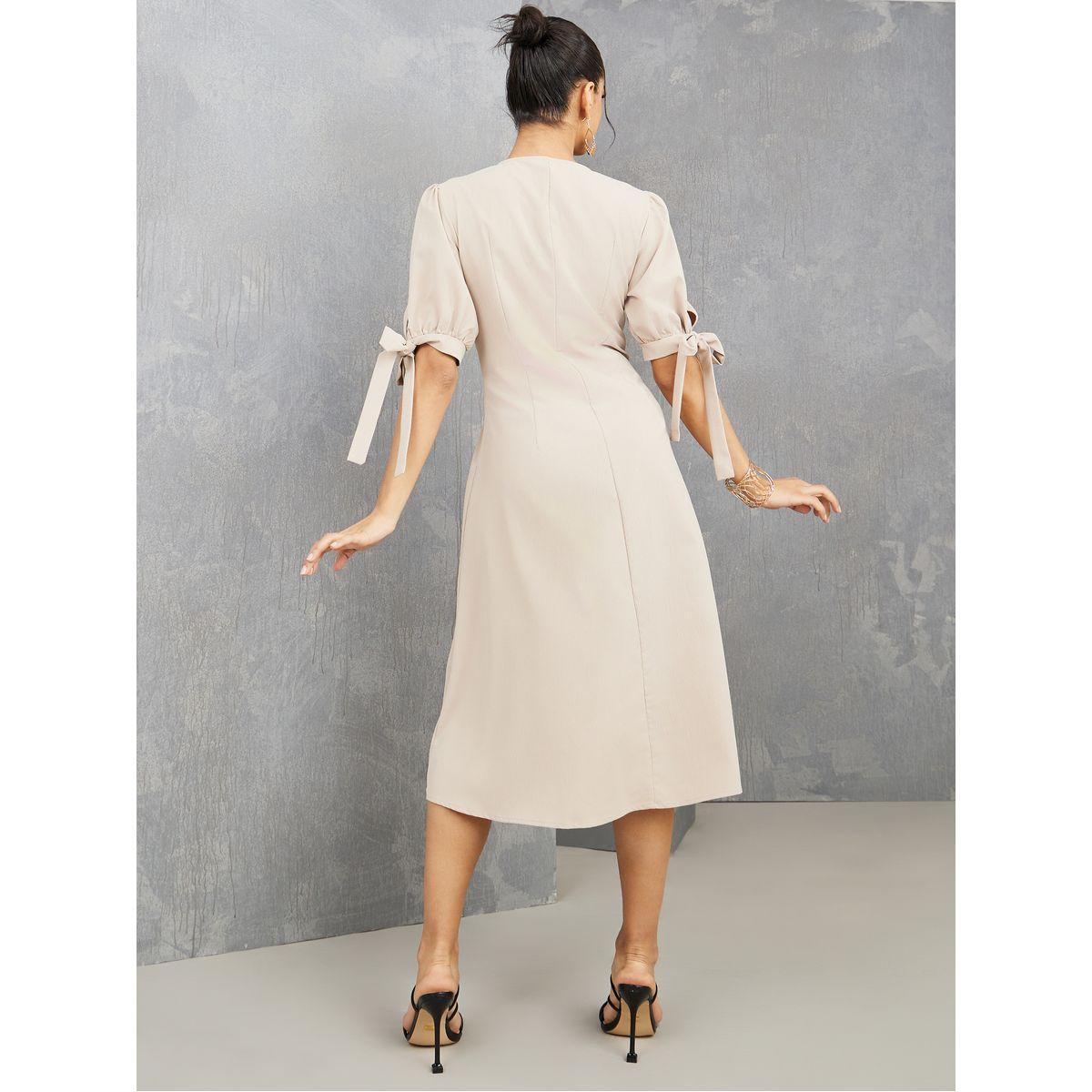 Styli Tie Cuff Sleeve Pleat Detail A-Line Midi Dress-women-clothing-dresses-image-5