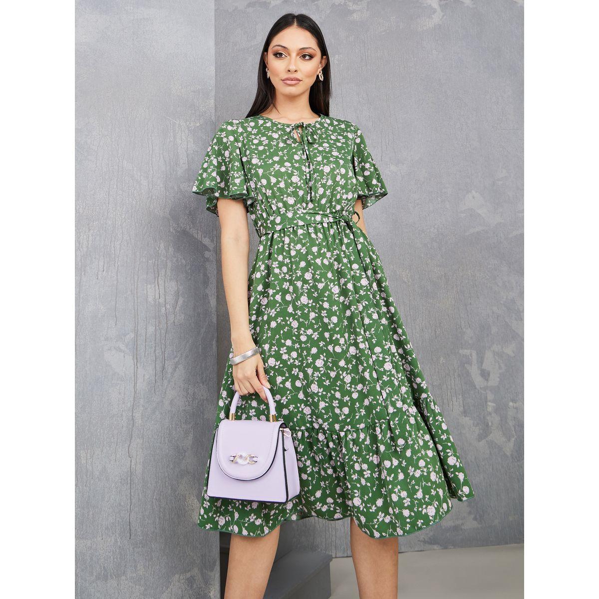 Styli Tie-Up Neck Floral A-Line Midi Dress with Tie Belt-women-clothing-dresses-image-1