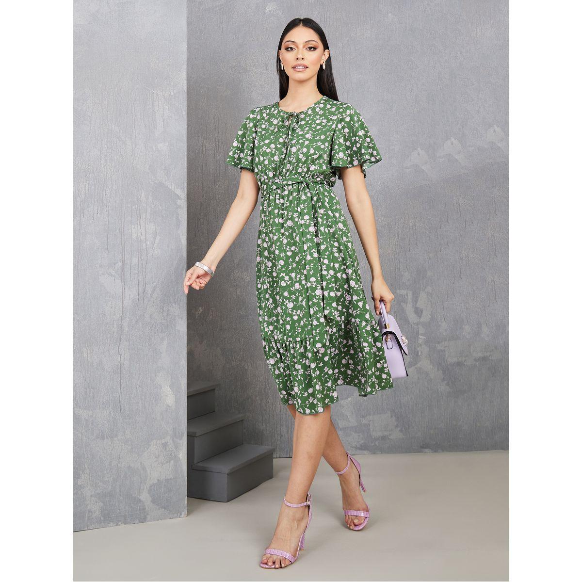 Styli Tie-Up Neck Floral A-Line Midi Dress with Tie Belt-women-clothing-dresses-image-2
