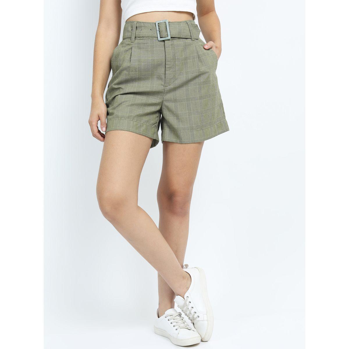 Tokyo Talkies X Styli Glen Check Regular Fit Belted Shorts-women-clothing-bottoms-shorts-image-1