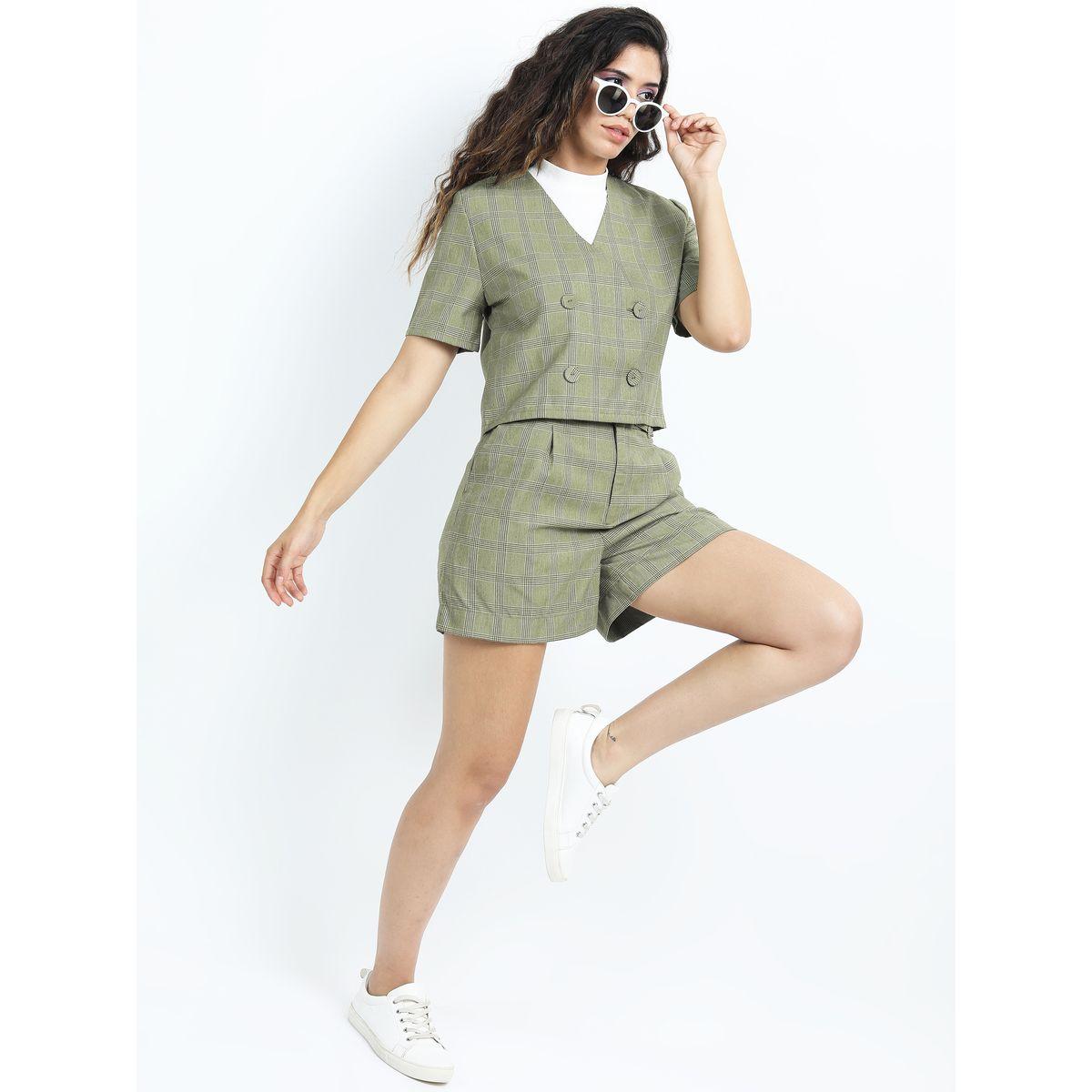 Tokyo Talkies X Styli Glen Check Regular Fit Belted Shorts-women-clothing-bottoms-shorts-image-2