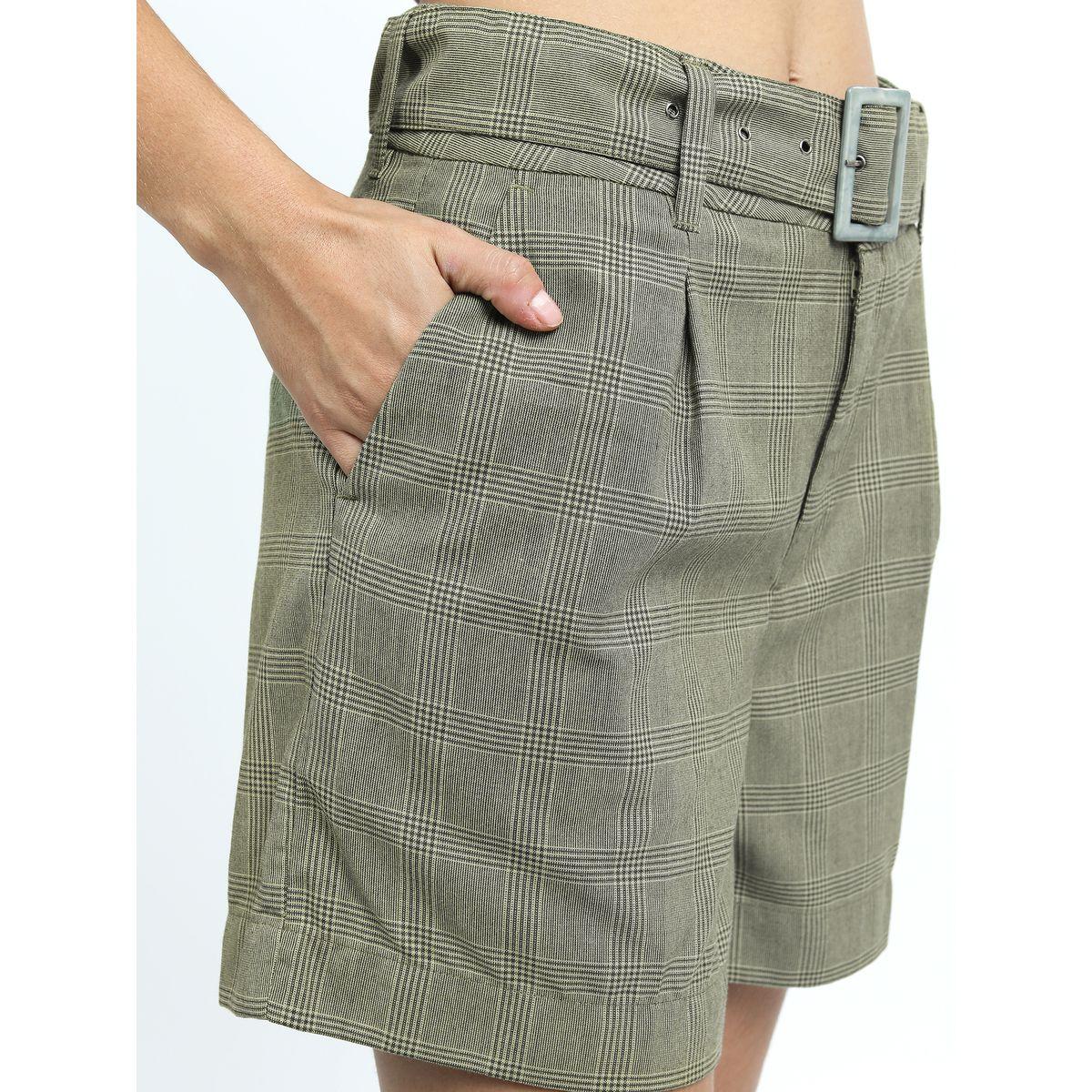 Tokyo Talkies X Styli Glen Check Regular Fit Belted Shorts-women-clothing-bottoms-shorts-image-4