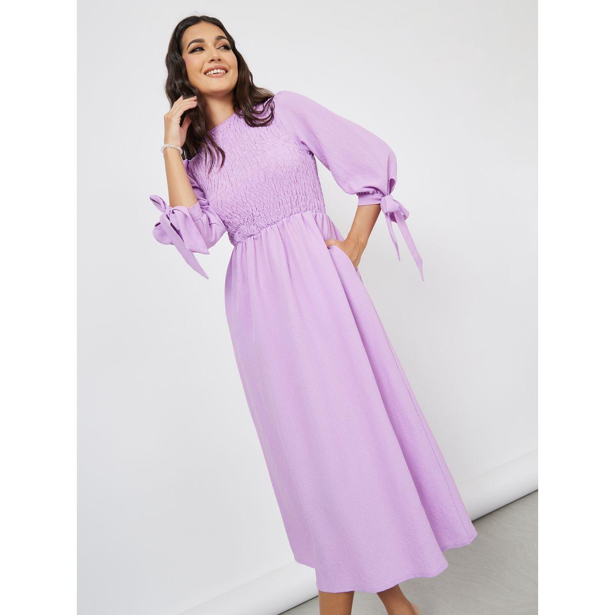 Styli Tie-Up Sleeve Shirred A-Line Midi Dress-women-clothing-dresses-image-1