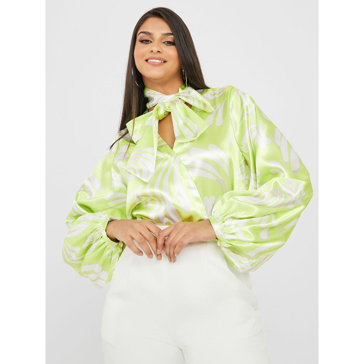 Styli Abstract Print Tie Up Neck Satin Regular Fit Blouse-women-clothing-shirtsandblouses-blouses-image-1