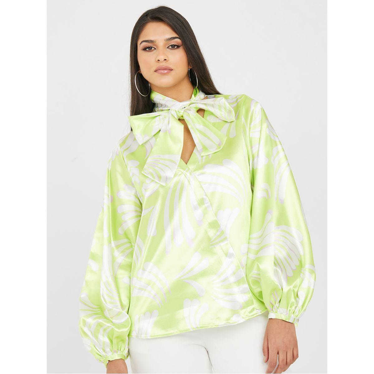 Styli Abstract Print Tie Up Neck Satin Regular Fit Blouse-women-clothing-shirtsandblouses-blouses-image-3