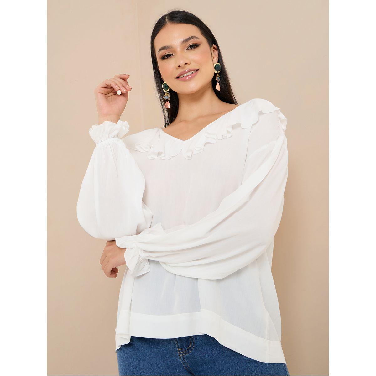 Styli V Neck Ruffle Detail Relaxed Fit Blouse-women-clothing-shirtsandblouses-blouses-image-1