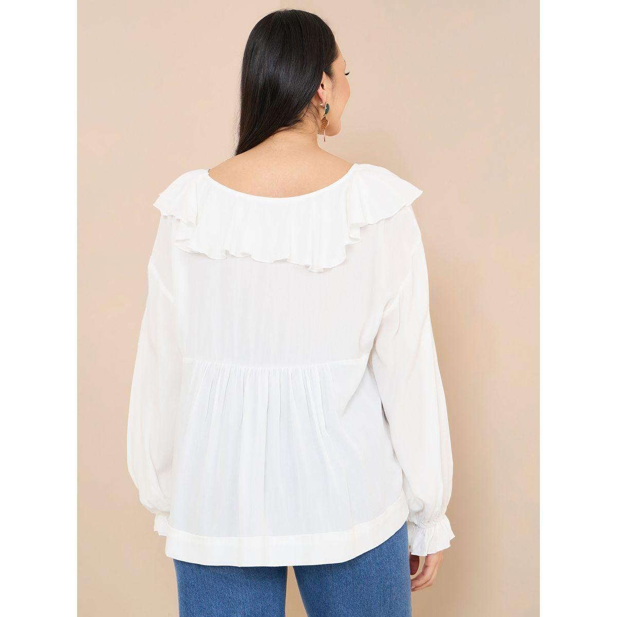 Styli V Neck Ruffle Detail Relaxed Fit Blouse-women-clothing-shirtsandblouses-blouses-image-4