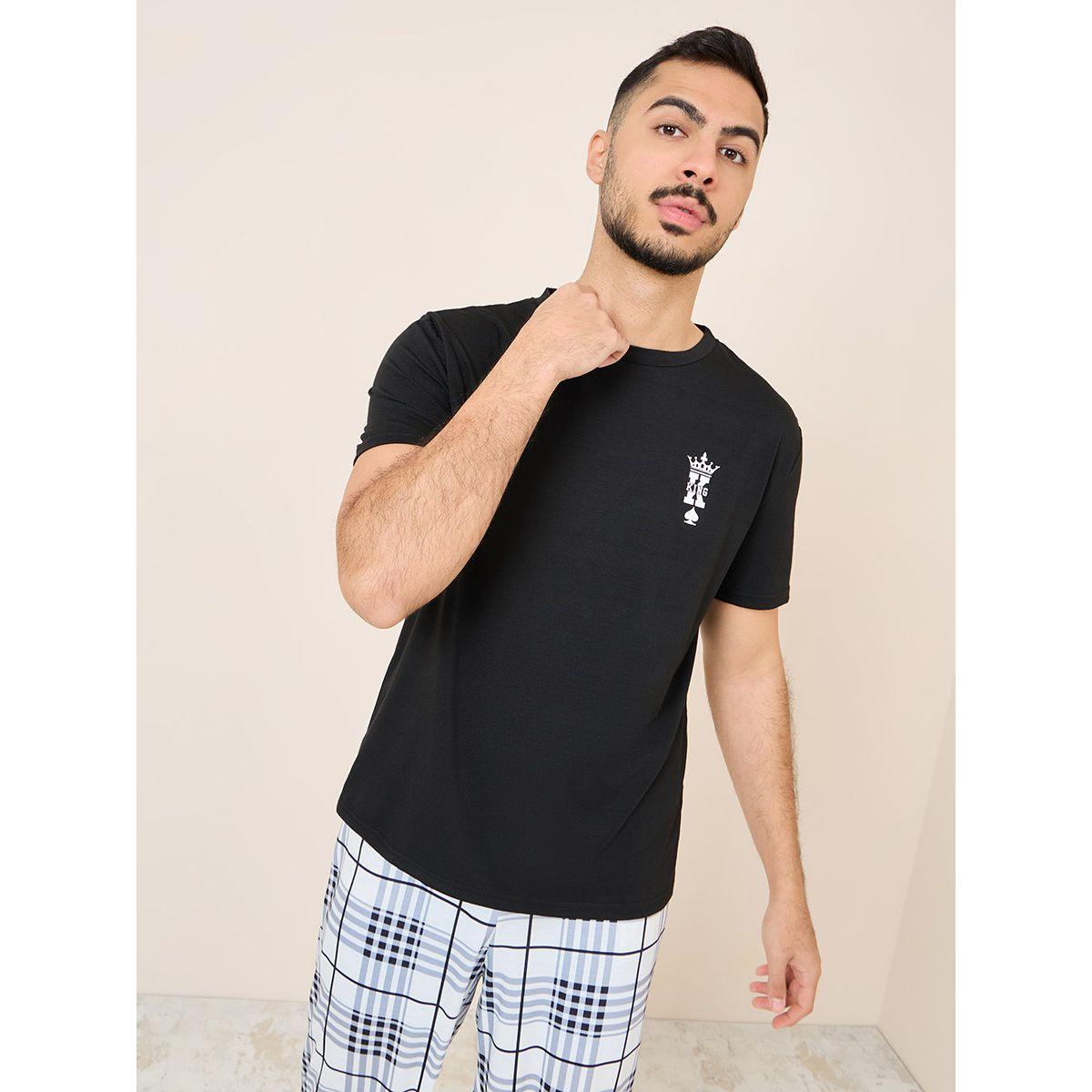 Styli Unwind King Graphic Print T-shirt and Checked Pyjama Nightwear Set-men-clothing-nightwear-sets-image-2