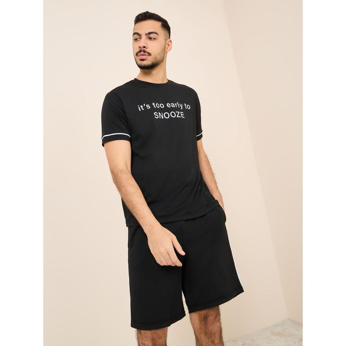Styli Unwind Slogan Print SleepT-shirt and Short with Pocket Set-men-clothing-nightwear-sets-image-1