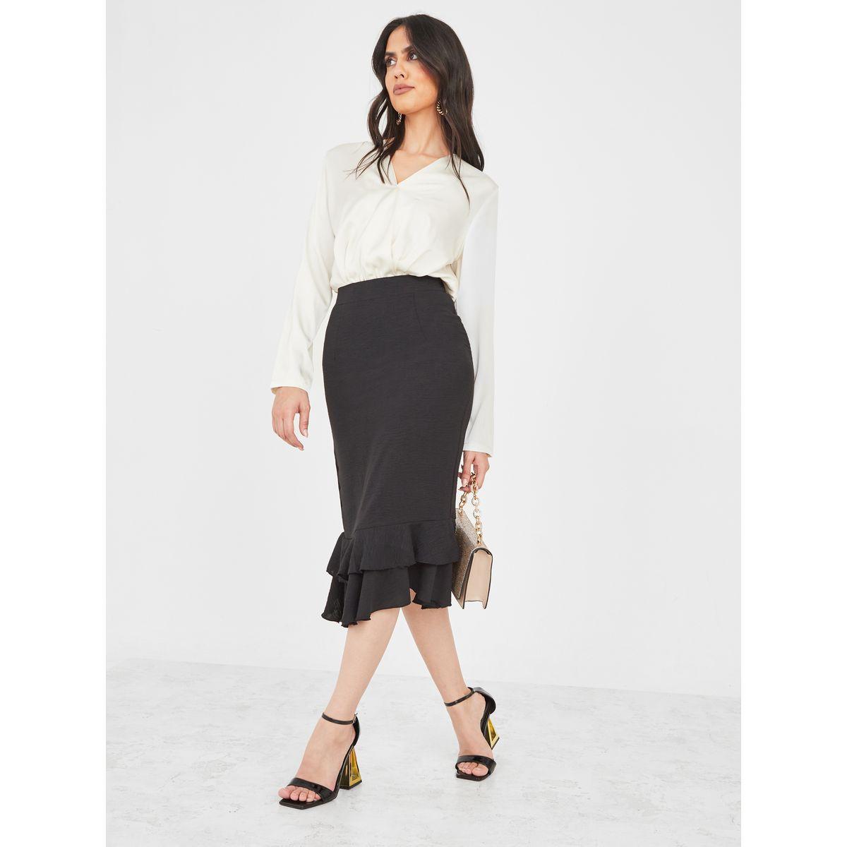 Black pencil clearance skirt with ruffle