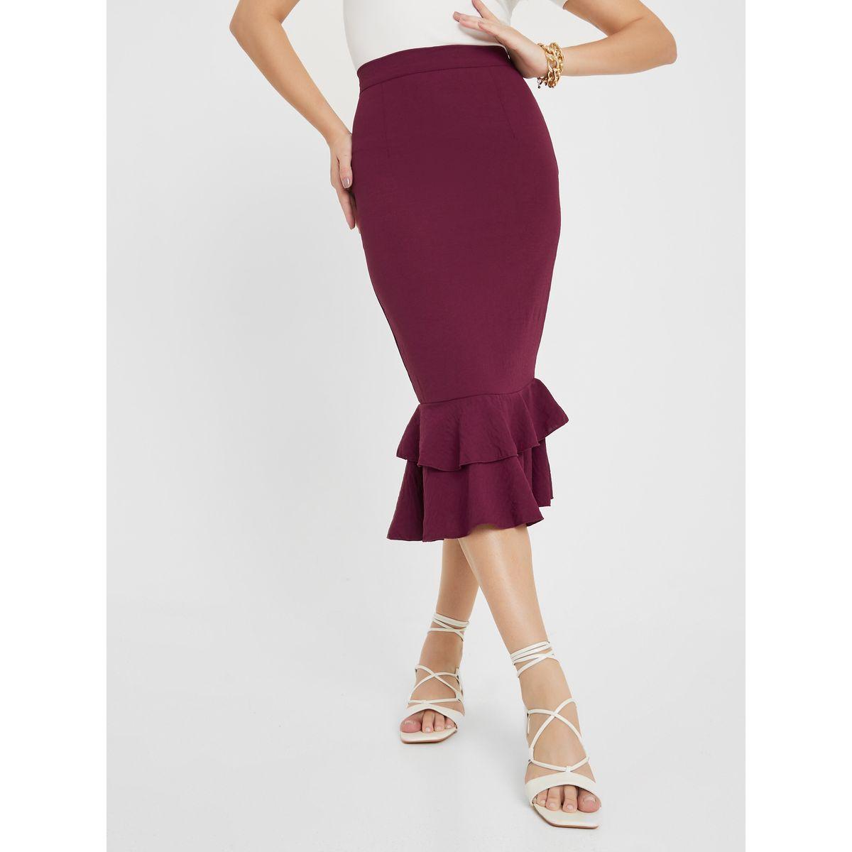 Pink ruffle shop hem pencil skirt