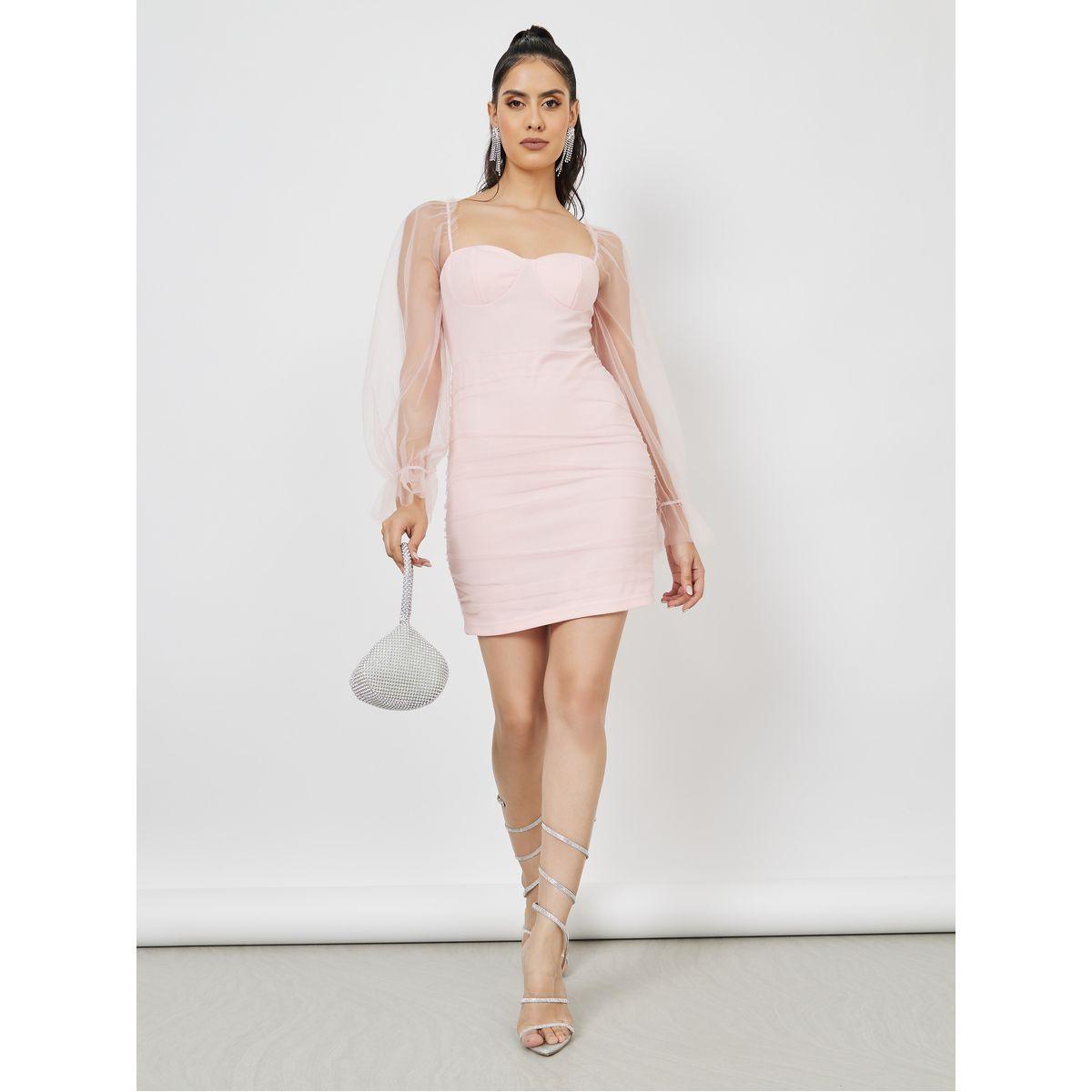 Styli Sheer Sleeves Mesh Insert Bodycon Mini Dress-women-clothing-dresses-image-2