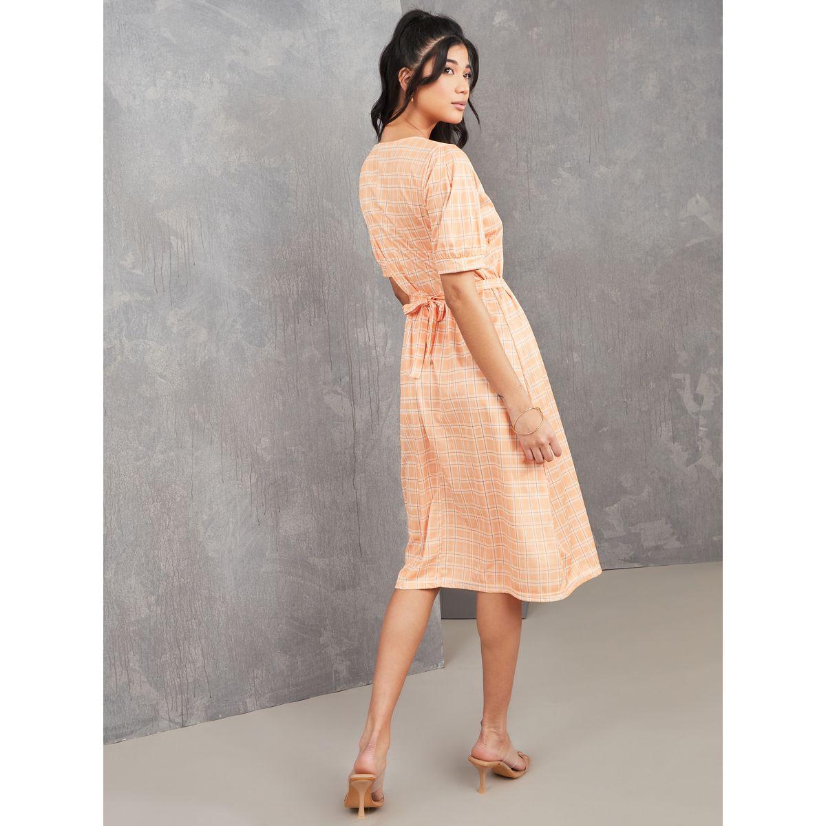 Styli Plaid Square Neck Knee Length Dress-women-clothing-dresses-image-4
