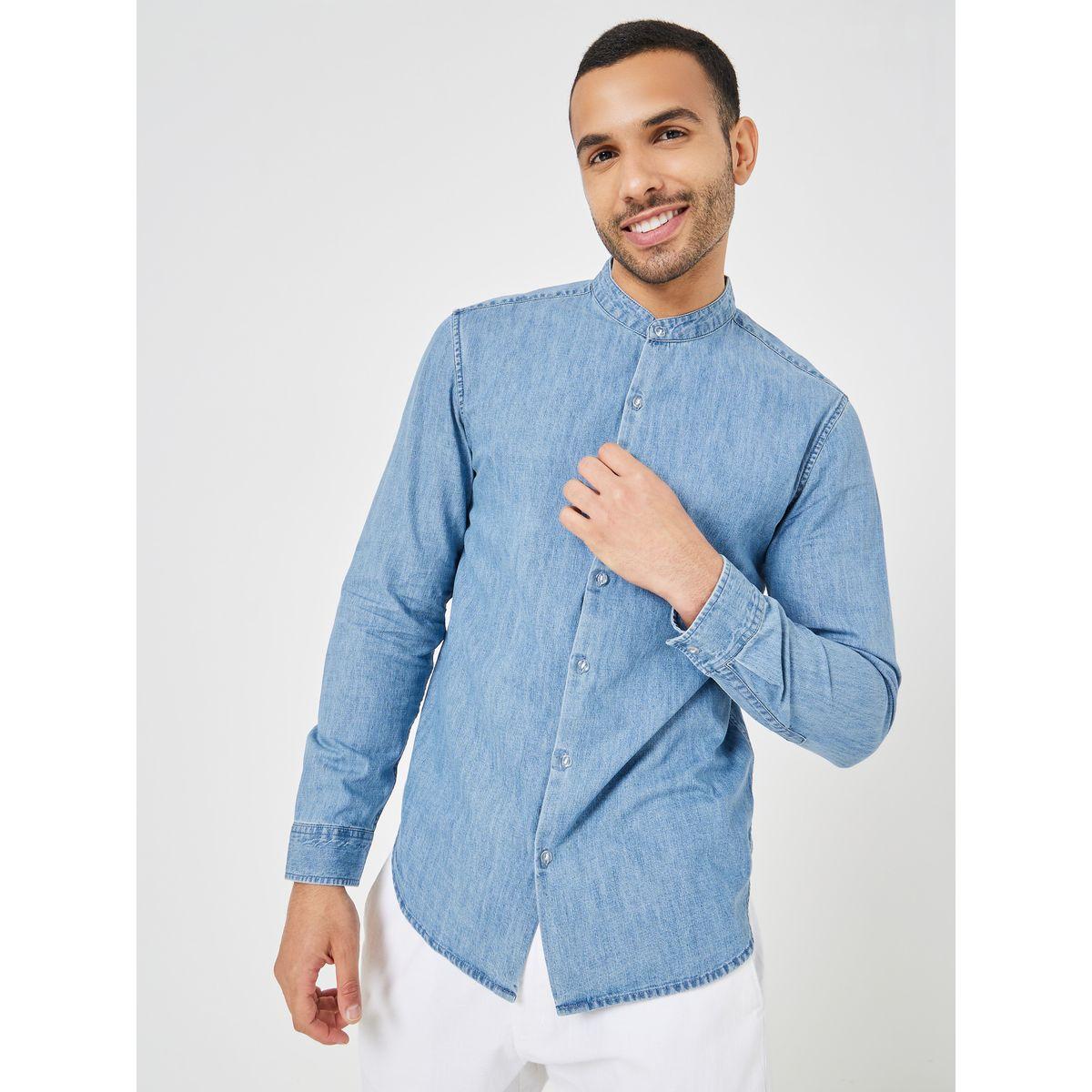قميص دنيم بياقة ماندارين-men-clothing-shirts-image-1