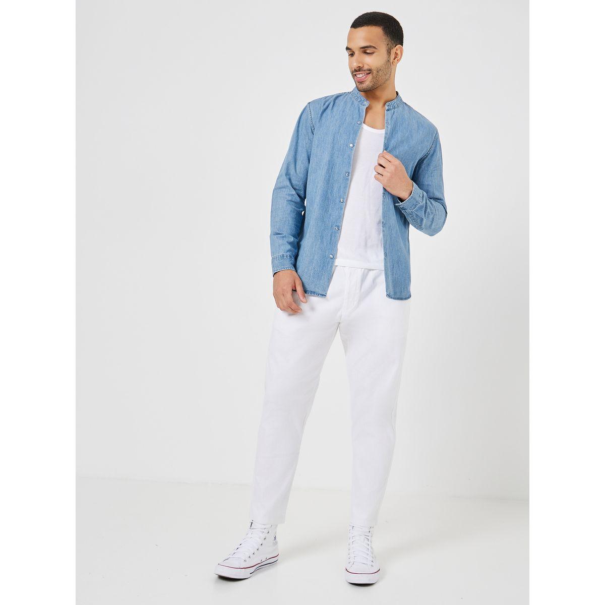 Styli Lightweight Mandarin Collar Relaxed Fit Denim Shirt-men-clothing-shirts-image-2