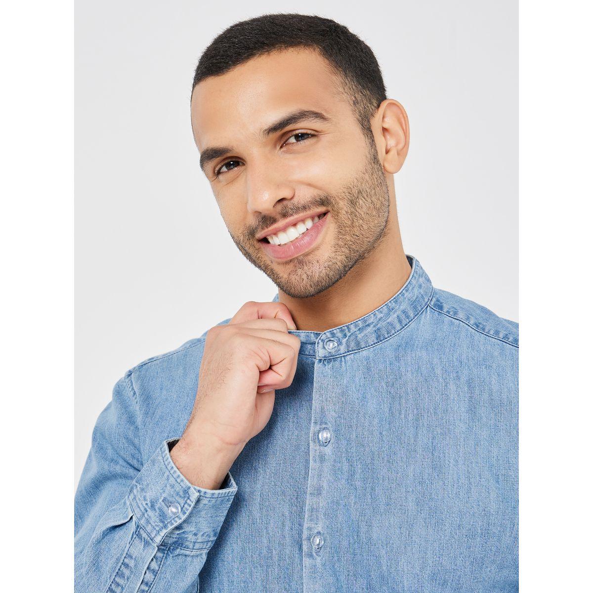 Styli Lightweight Mandarin Collar Relaxed Fit Denim Shirt-men-clothing-shirts-image-5