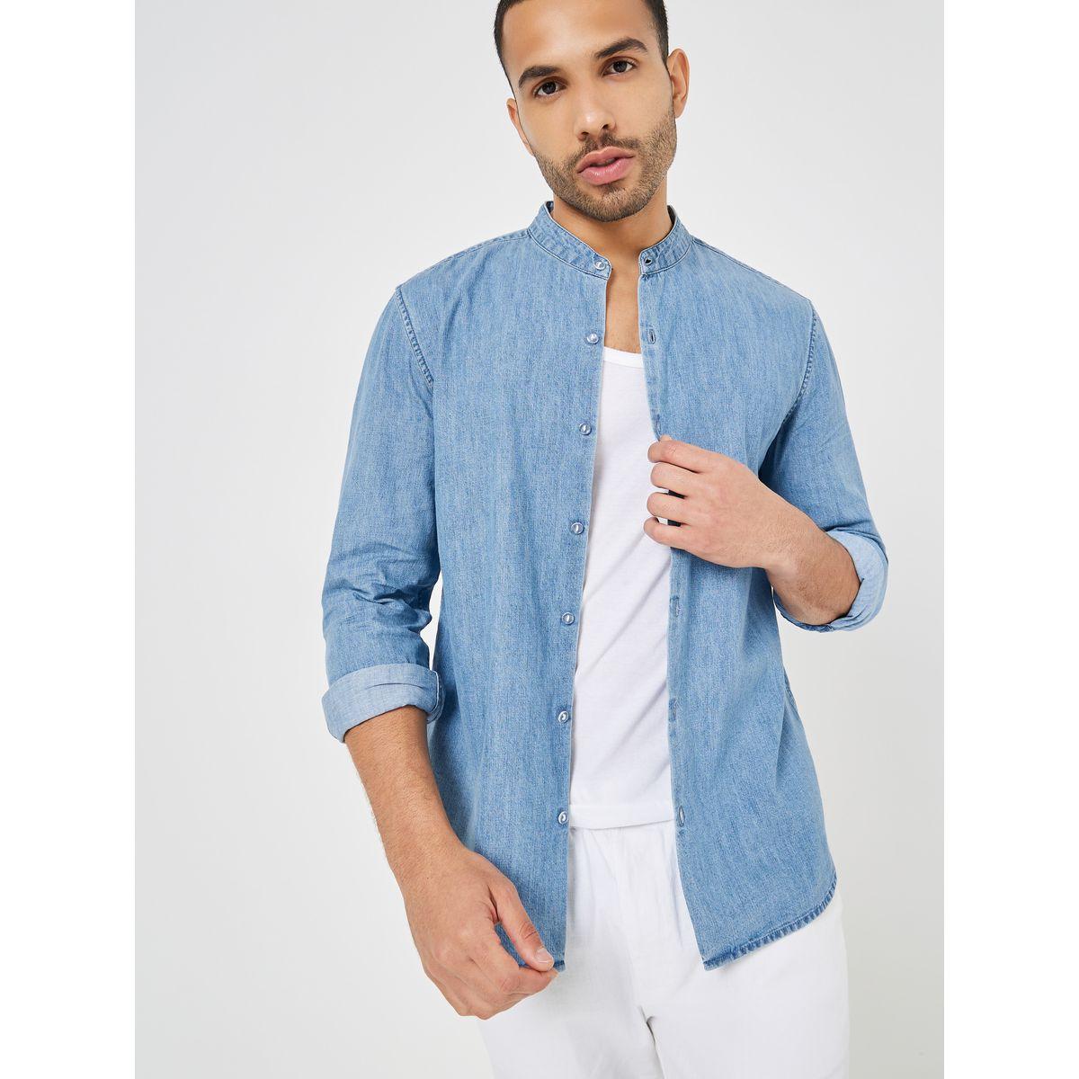 Styli Lightweight Mandarin Collar Relaxed Fit Denim Shirt-men-clothing-shirts-image-6